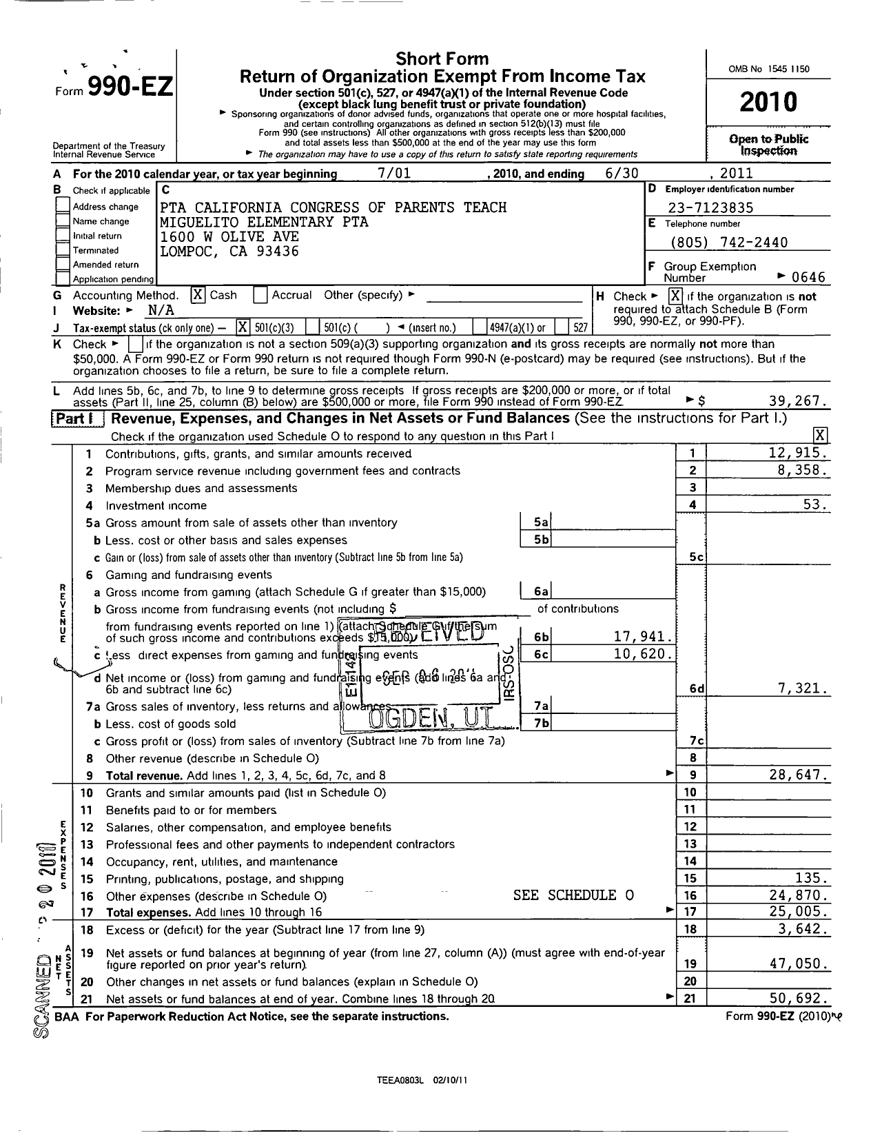 Image of first page of 2010 Form 990EZ for California State PTA - 3684 Miguelito Elementary PTA