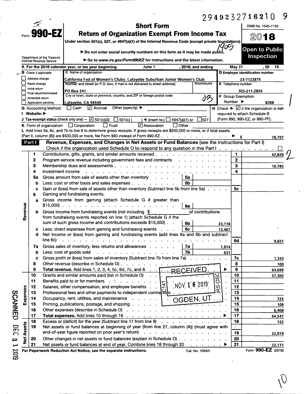 Image of first page of 2018 Form 990EZ for California Federation of Women's Clubs - Lafayette Suburban Junior Womens