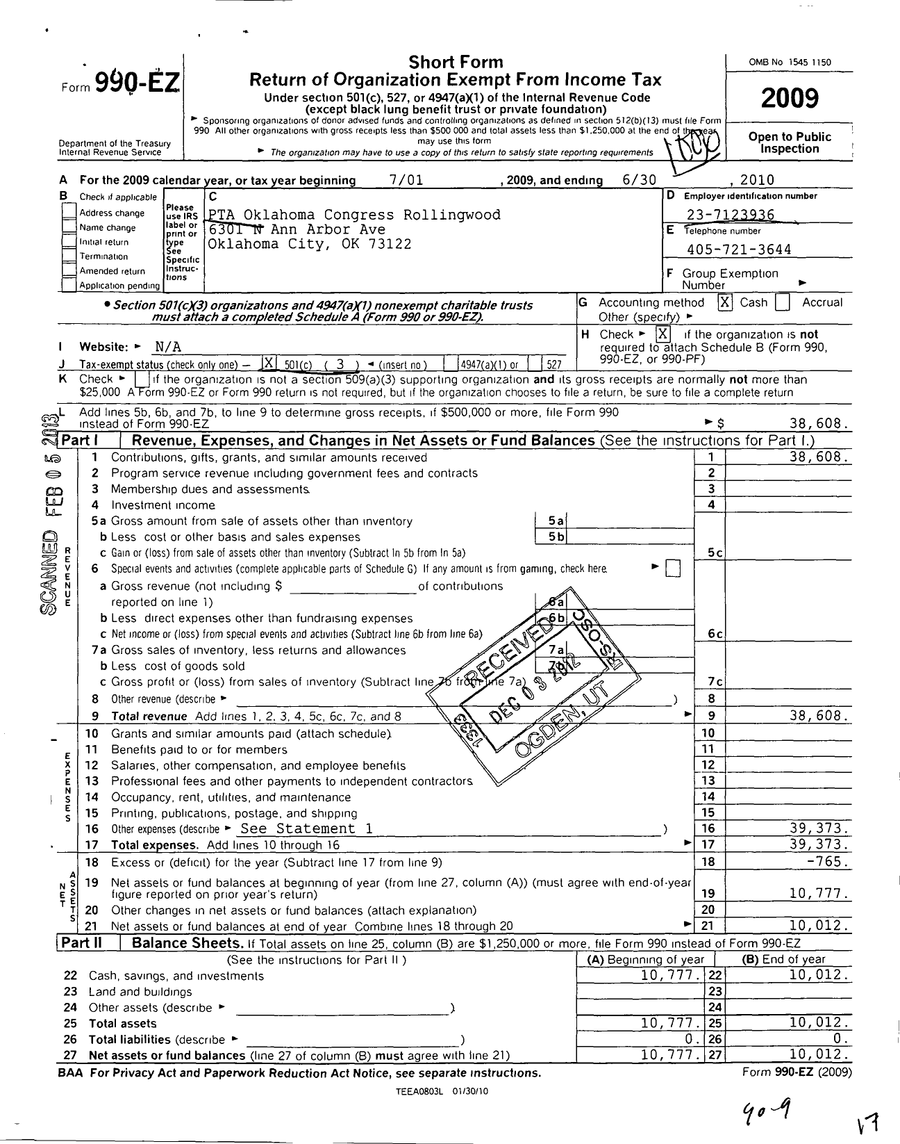 Image of first page of 2009 Form 990EZ for PTA Oklahoma Congress / Rollingwood