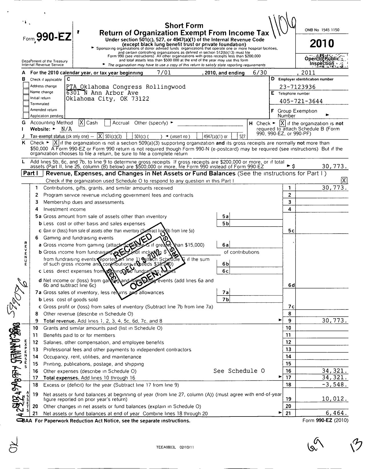 Image of first page of 2010 Form 990EZ for PTA Oklahoma Congress / Rollingwood