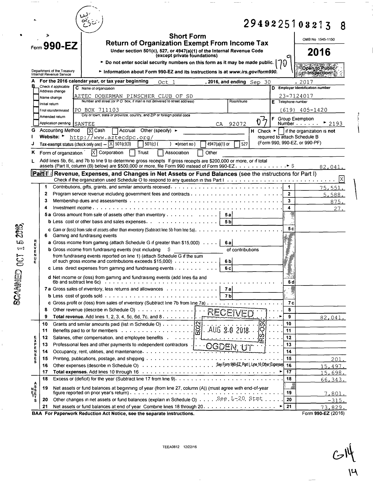 Image of first page of 2016 Form 990EZ for Doberman Pinscher Club of America / Aztec DPC of San Diego