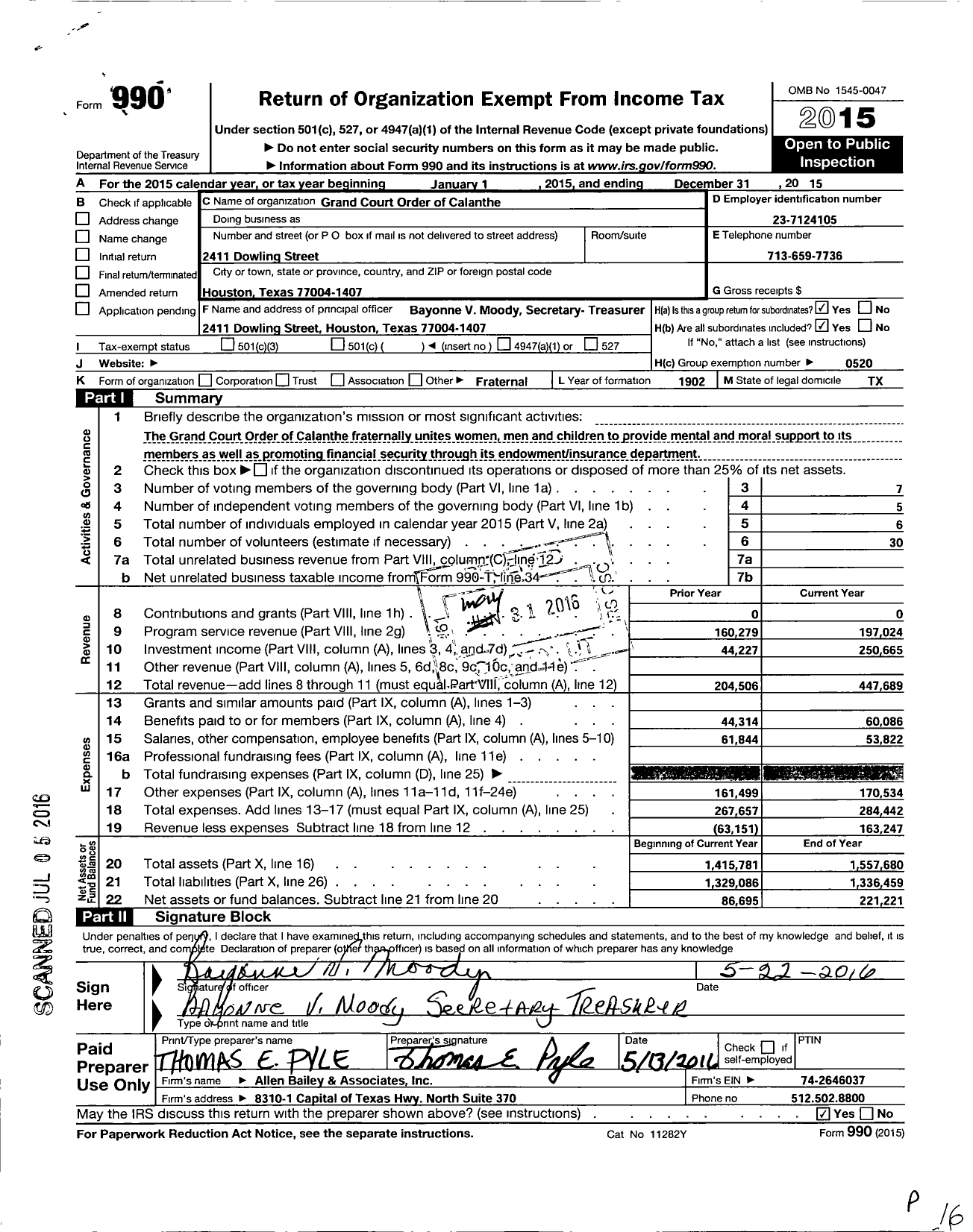 Image of first page of 2015 Form 990O for Grand Court Order of Calanthe in Receivership