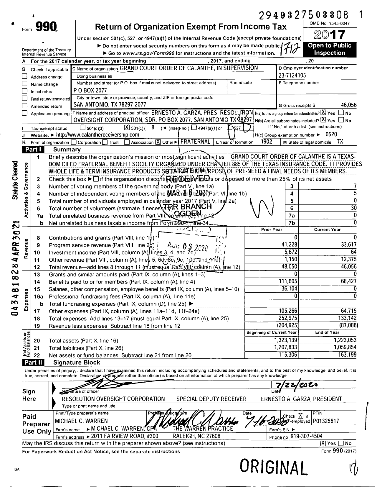 Image of first page of 2017 Form 990O for Grand Court Order of Calanthe in Receivership