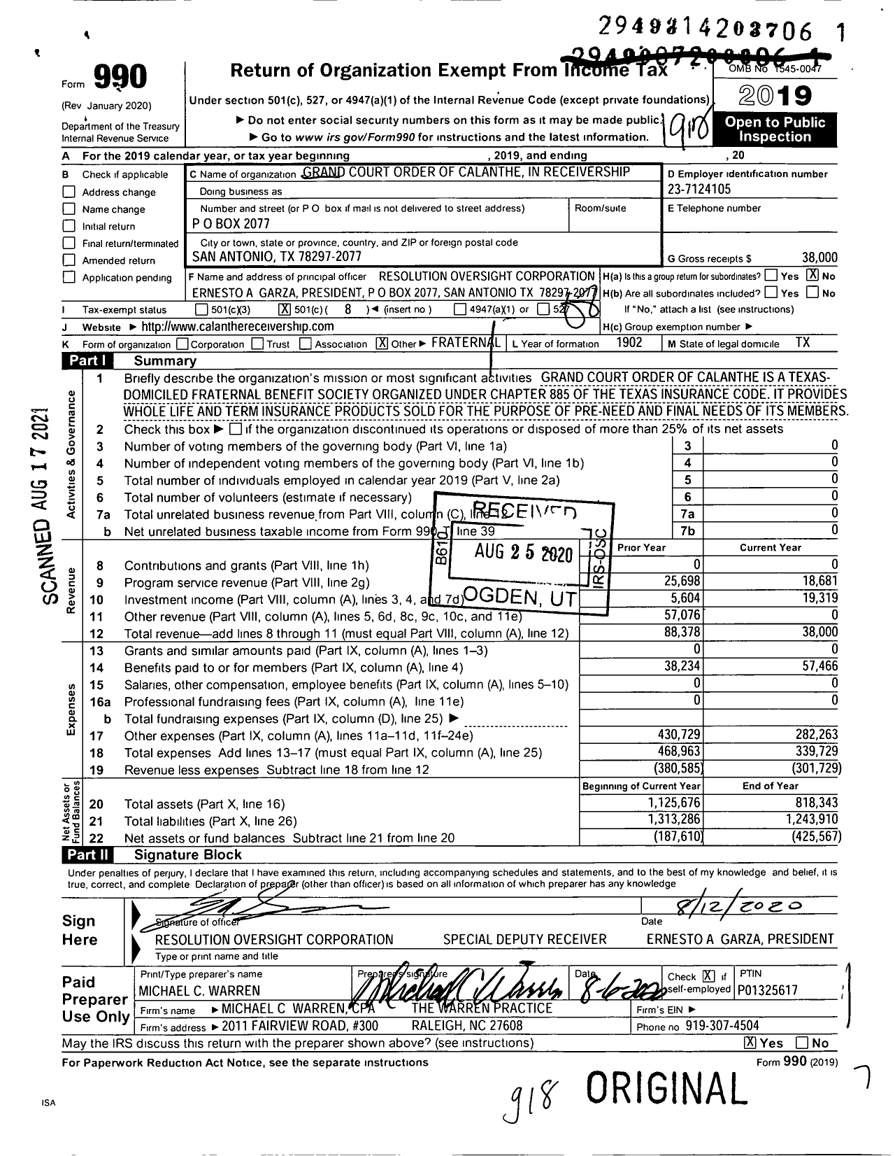 Image of first page of 2019 Form 990O for Grand Court Order of Calanthe in Receivership