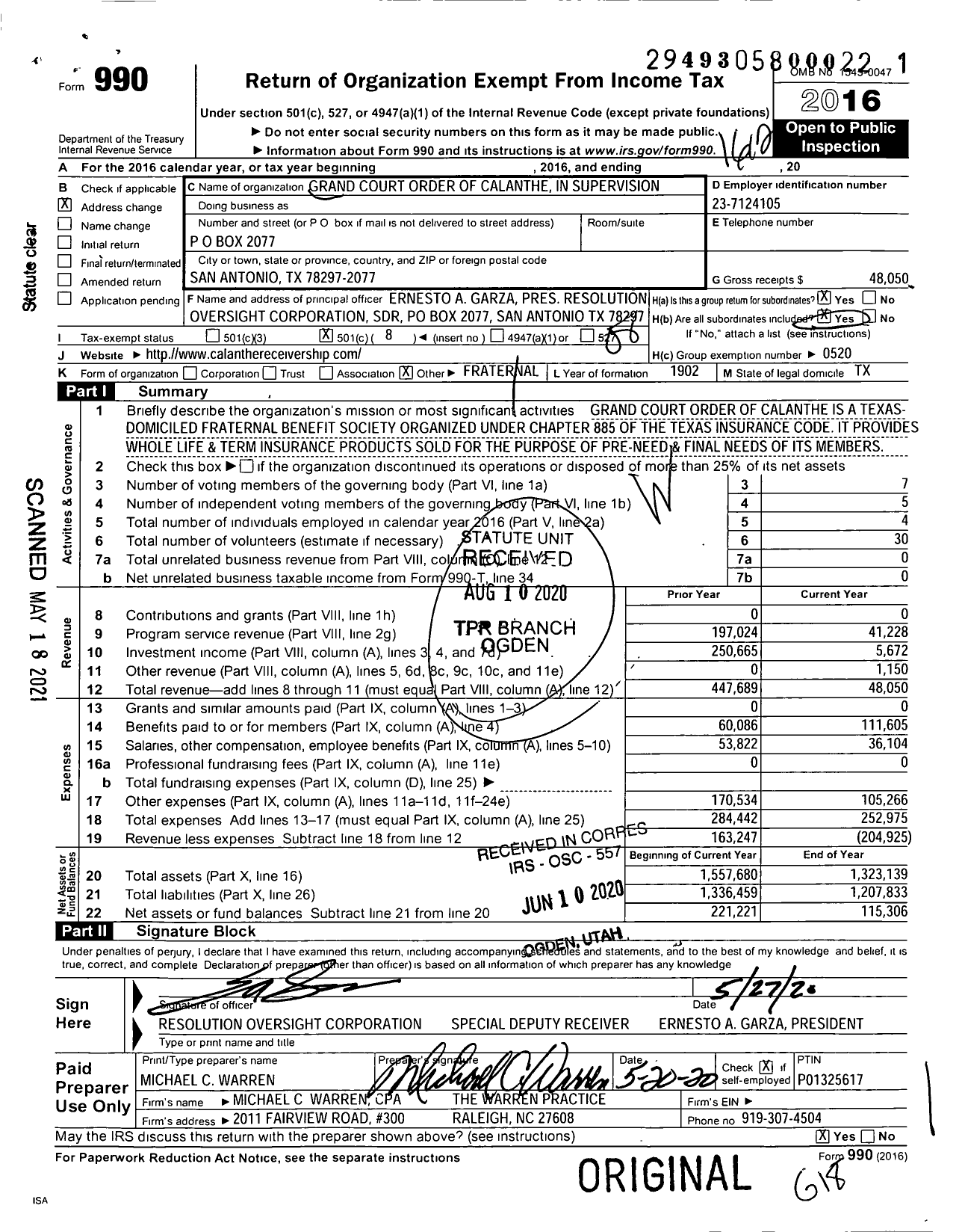 Image of first page of 2016 Form 990O for Grand Court Order of Calanthe in Receivership