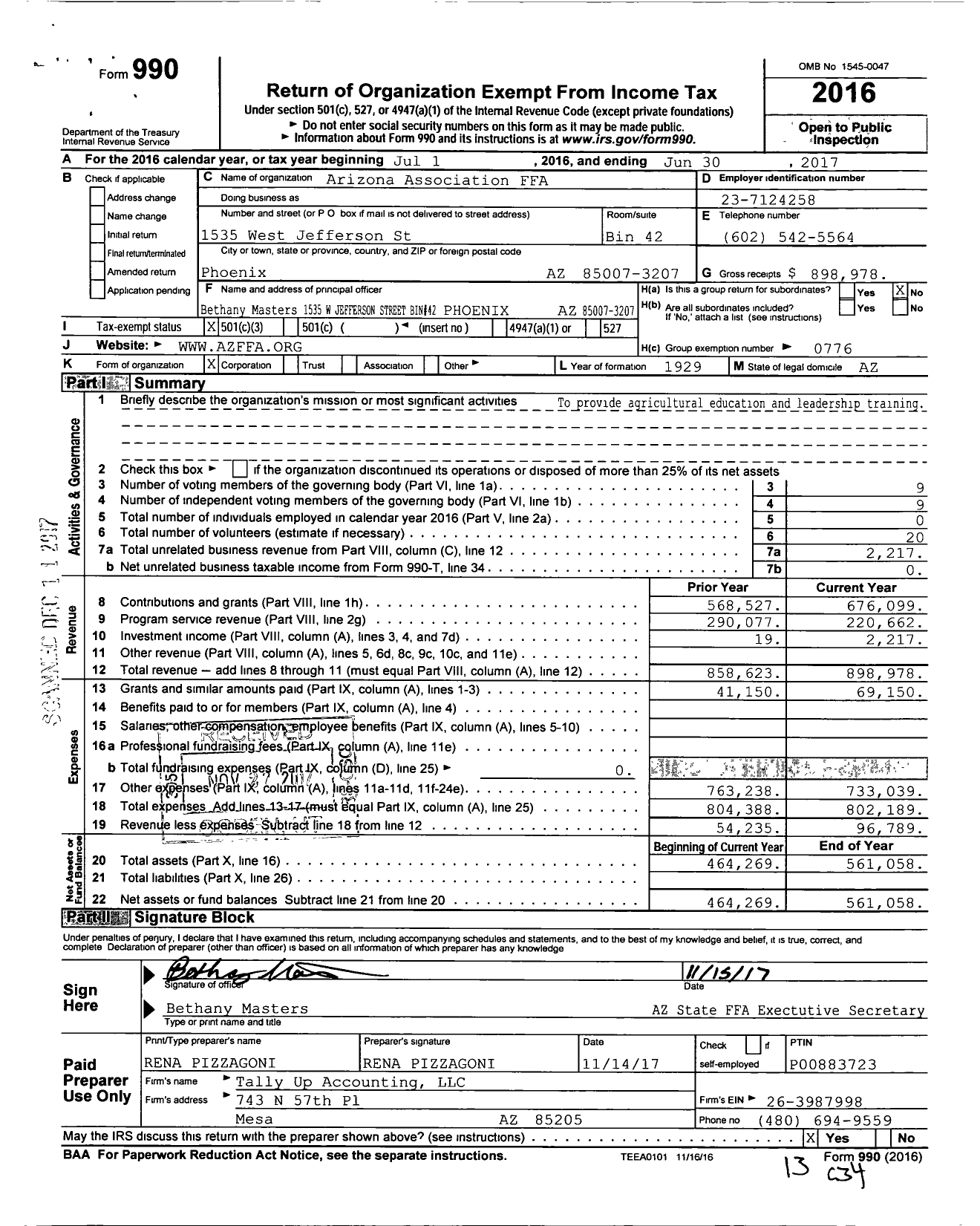 Image of first page of 2016 Form 990 for Future Farmers of America - Arizona Association Ffa