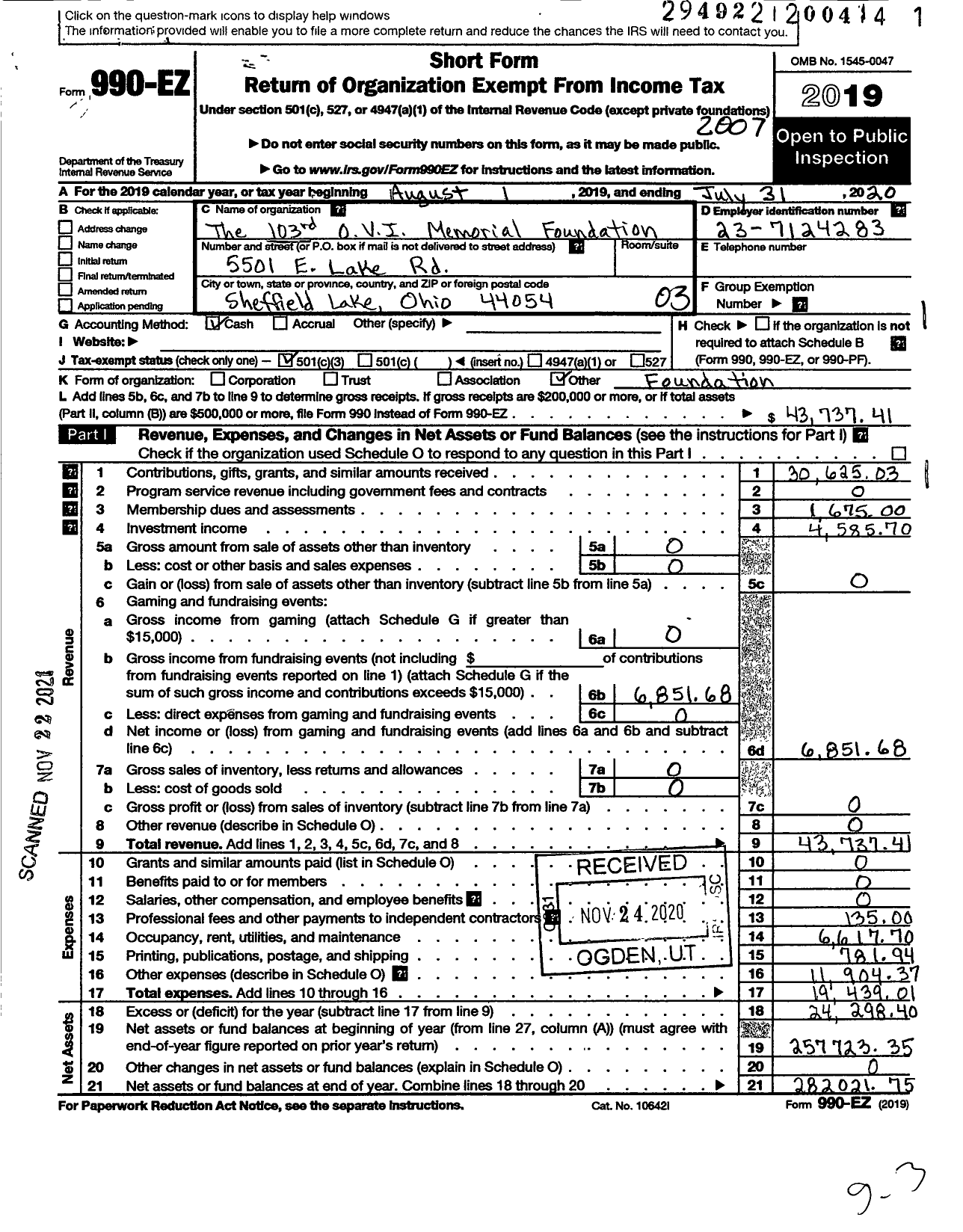 Image of first page of 2019 Form 990EZ for 103rd Ovi Memorial Foundation