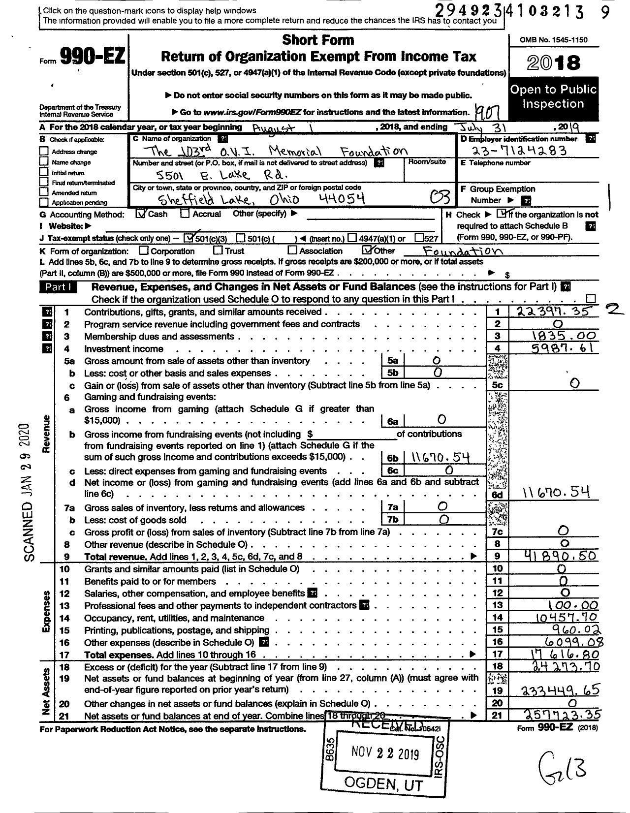 Image of first page of 2018 Form 990EZ for 103rd Ovi Memorial Foundation