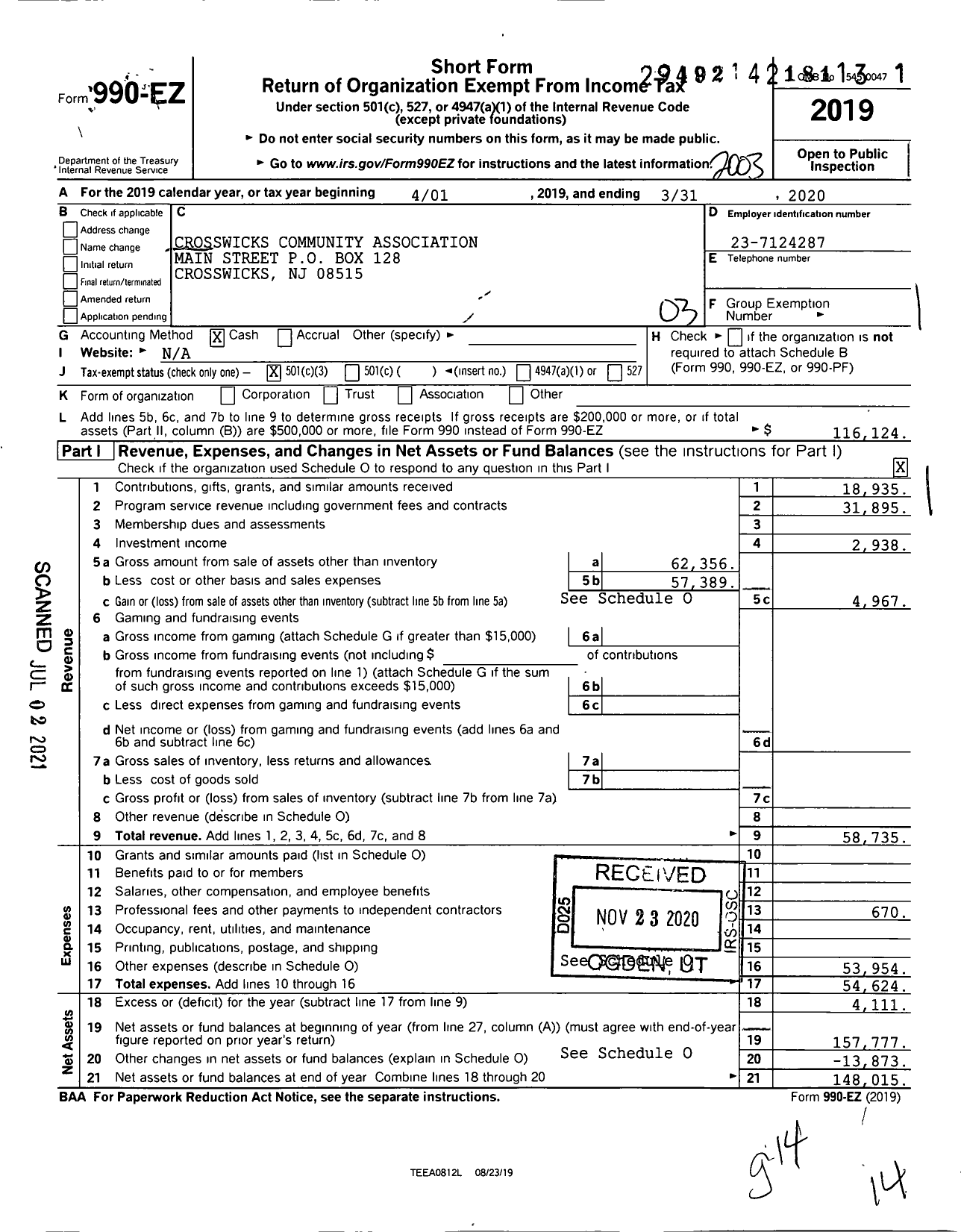 Image of first page of 2019 Form 990EZ for Crosswicks Community Association