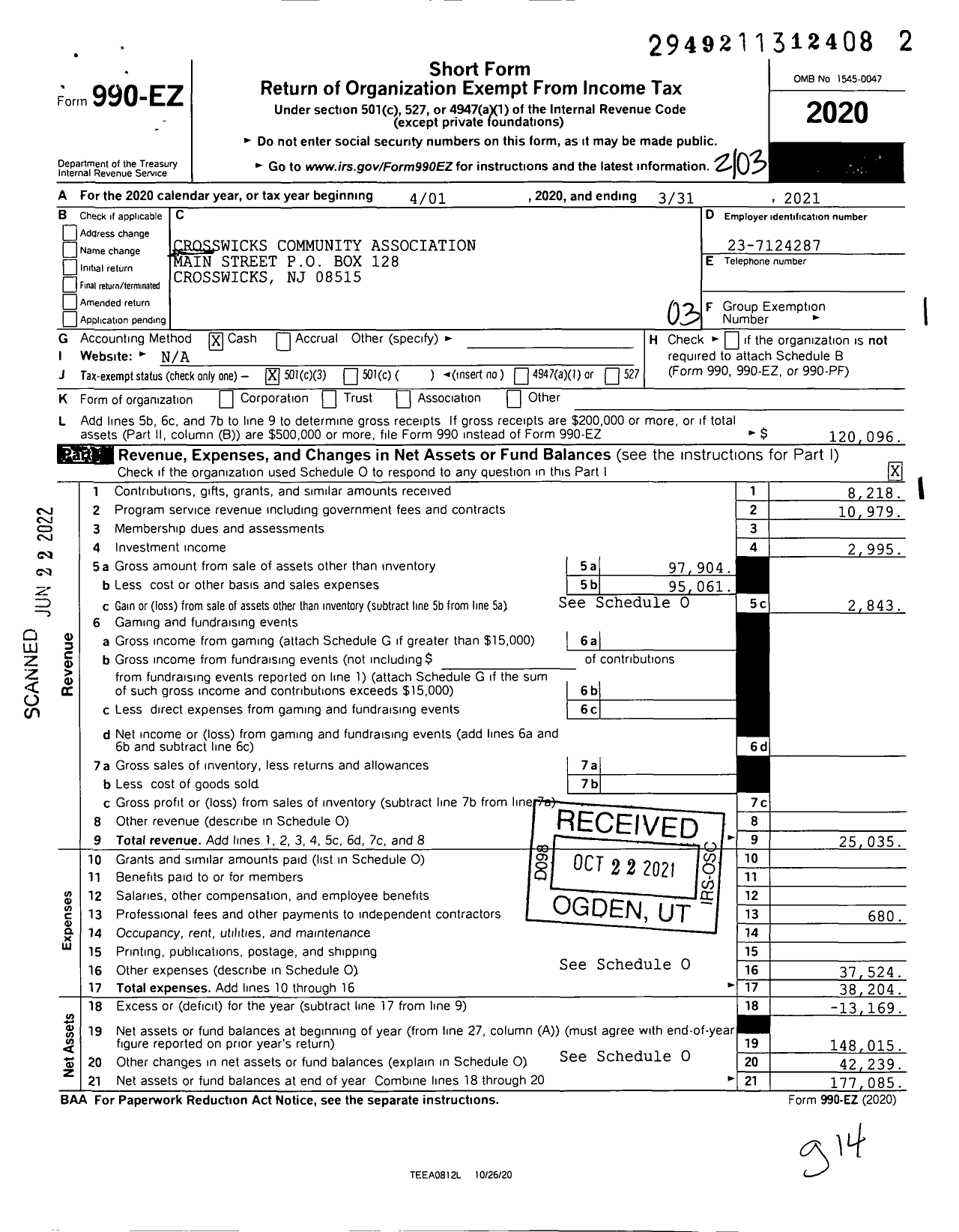 Image of first page of 2020 Form 990EZ for Crosswicks Community Association