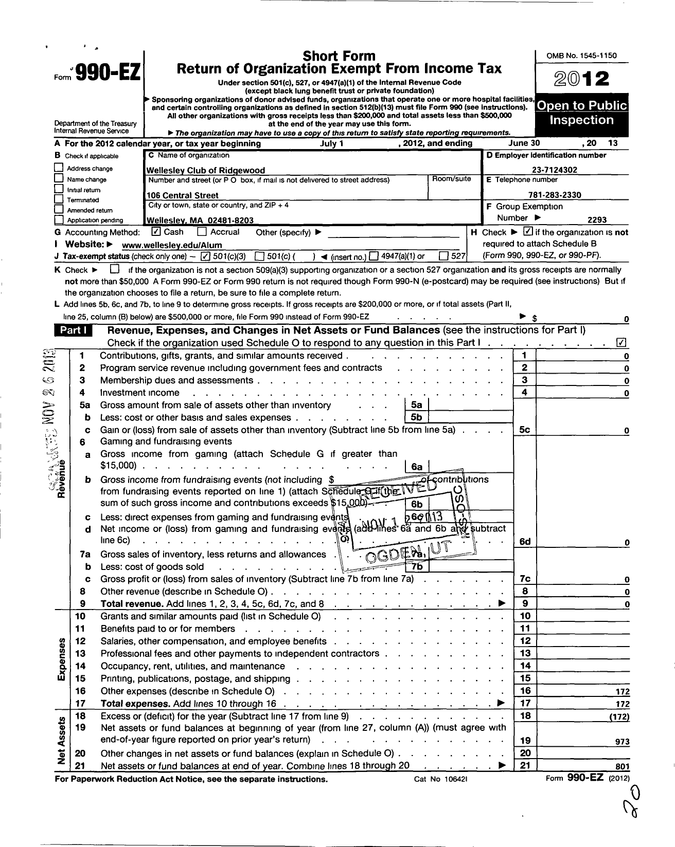 Image of first page of 2012 Form 990EZ for Wellesley College Alumnae Association / Wellesley Club of Ridgewood