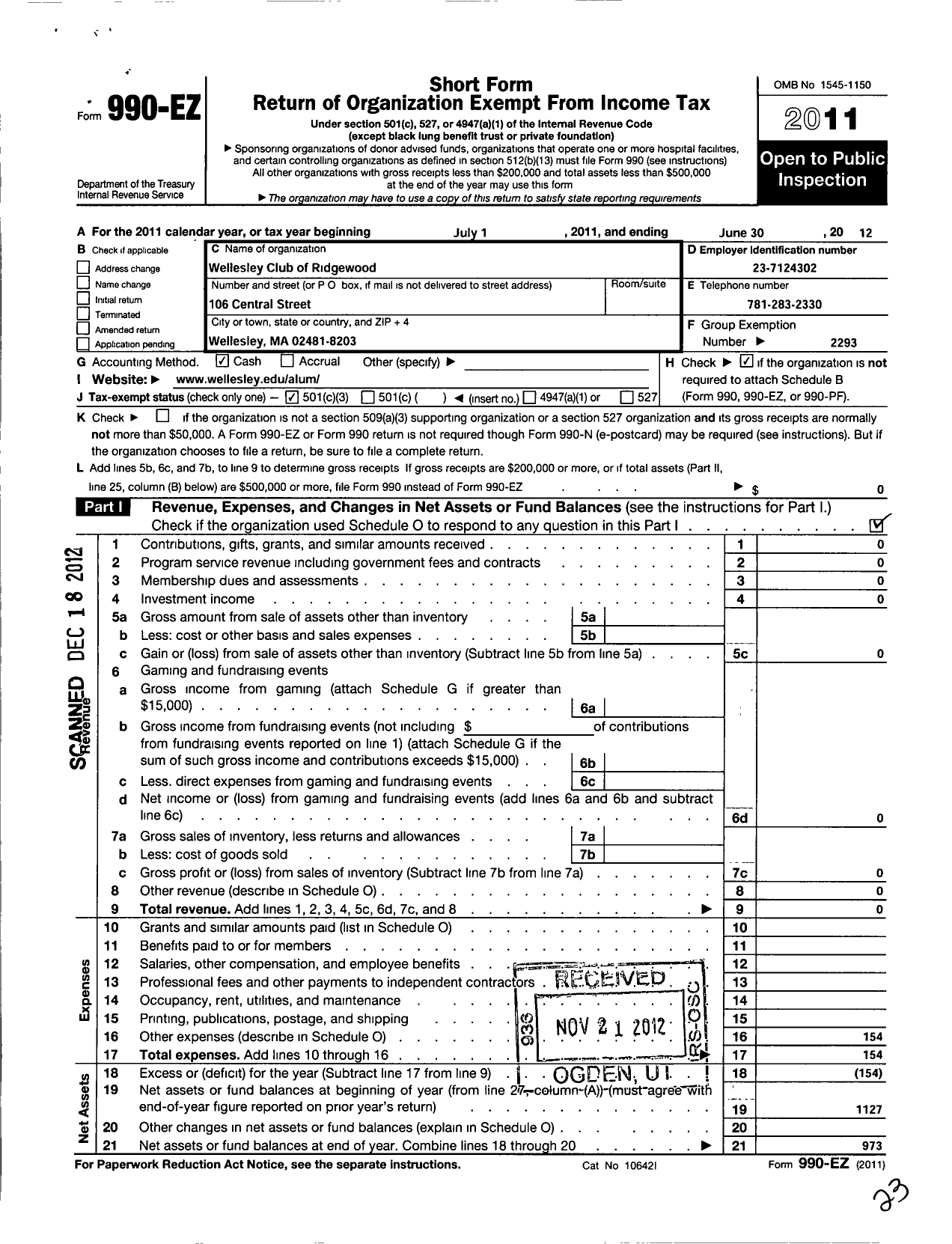 Image of first page of 2011 Form 990EZ for Wellesley College Alumnae Association / Wellesley Club of Ridgewood