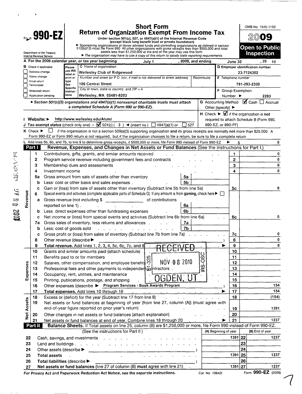 Image of first page of 2009 Form 990EZ for Wellesley College Alumnae Association / Wellesley Club of Ridgewood