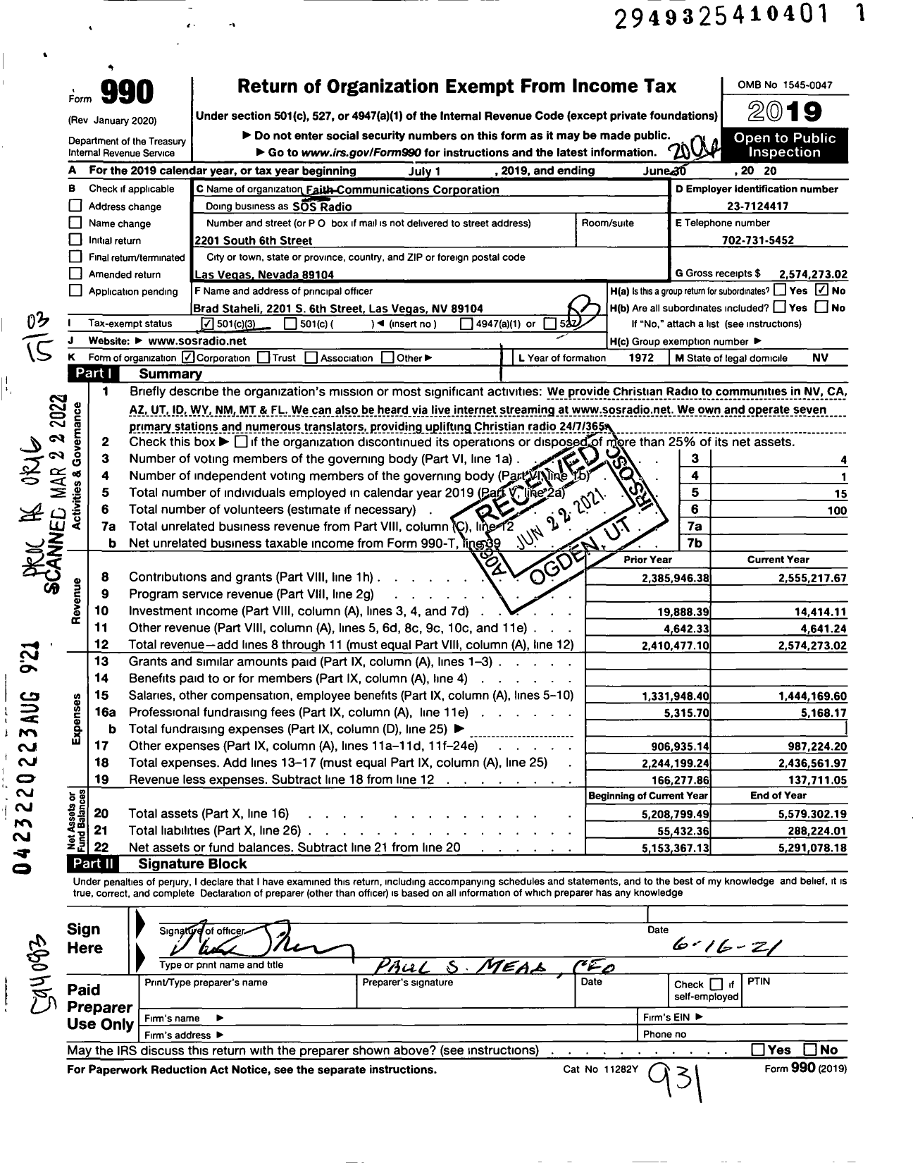 Image of first page of 2019 Form 990 for SOS Radio Network