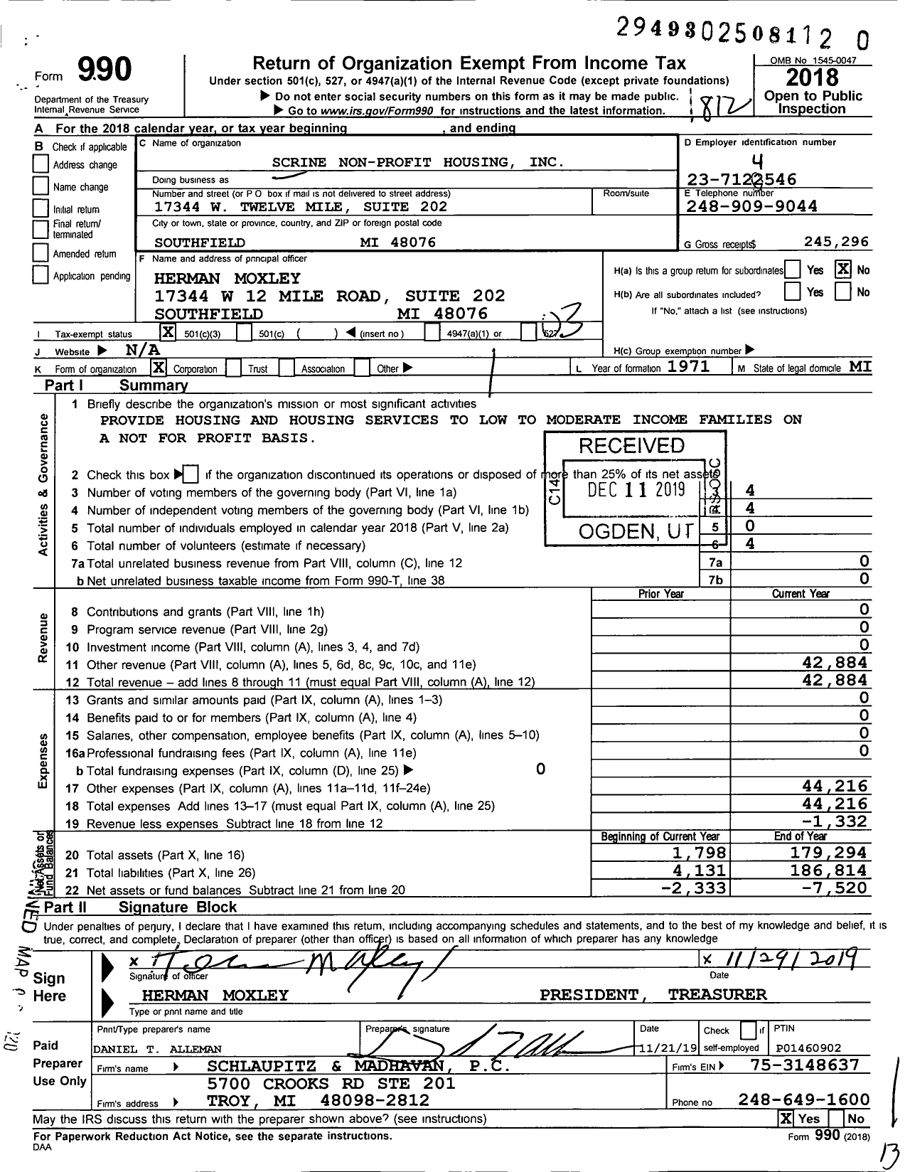 Image of first page of 2018 Form 990 for Scrine Non-Profit Housing