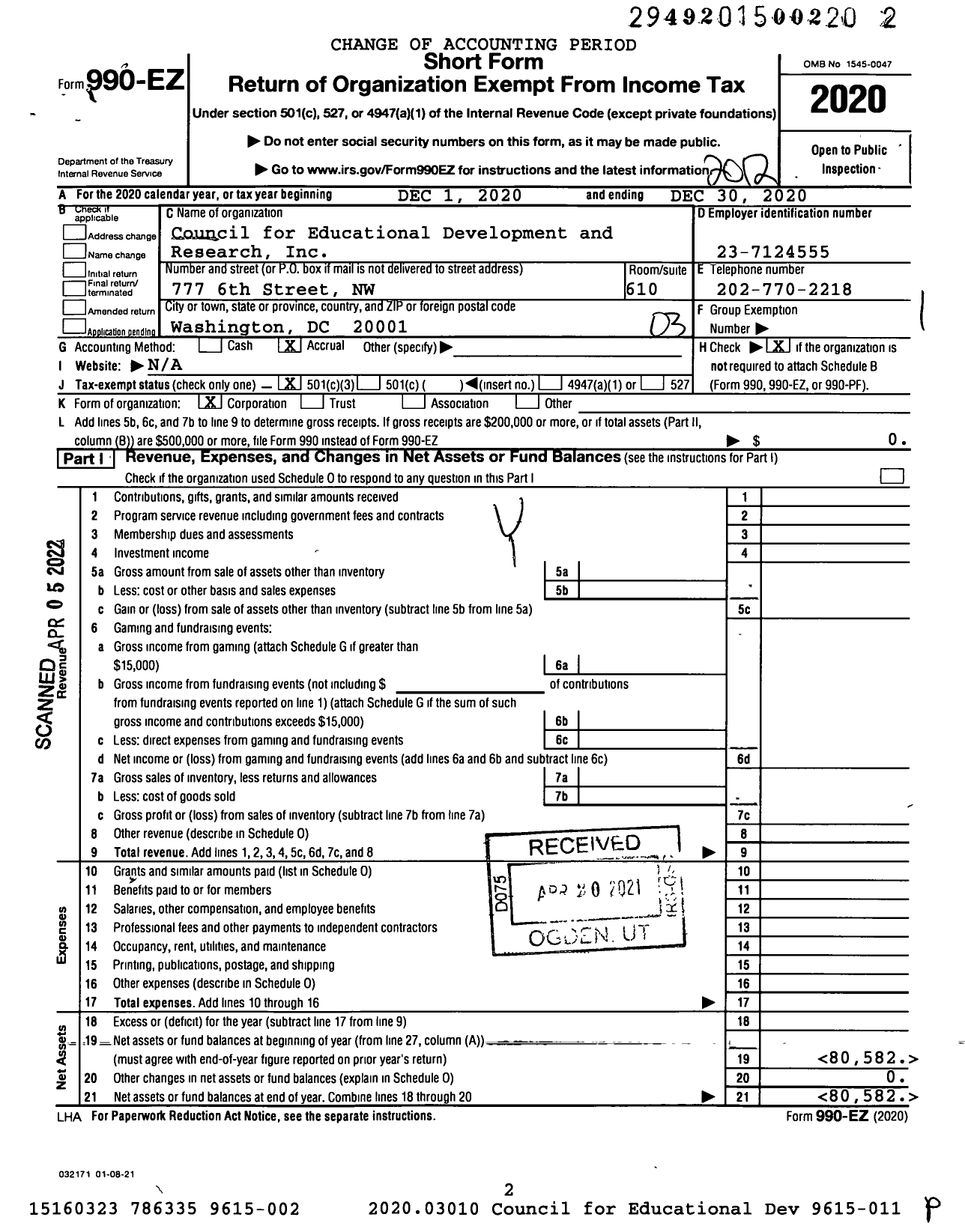 Image of first page of 2020 Form 990EZ for Council for Educational Development and Research