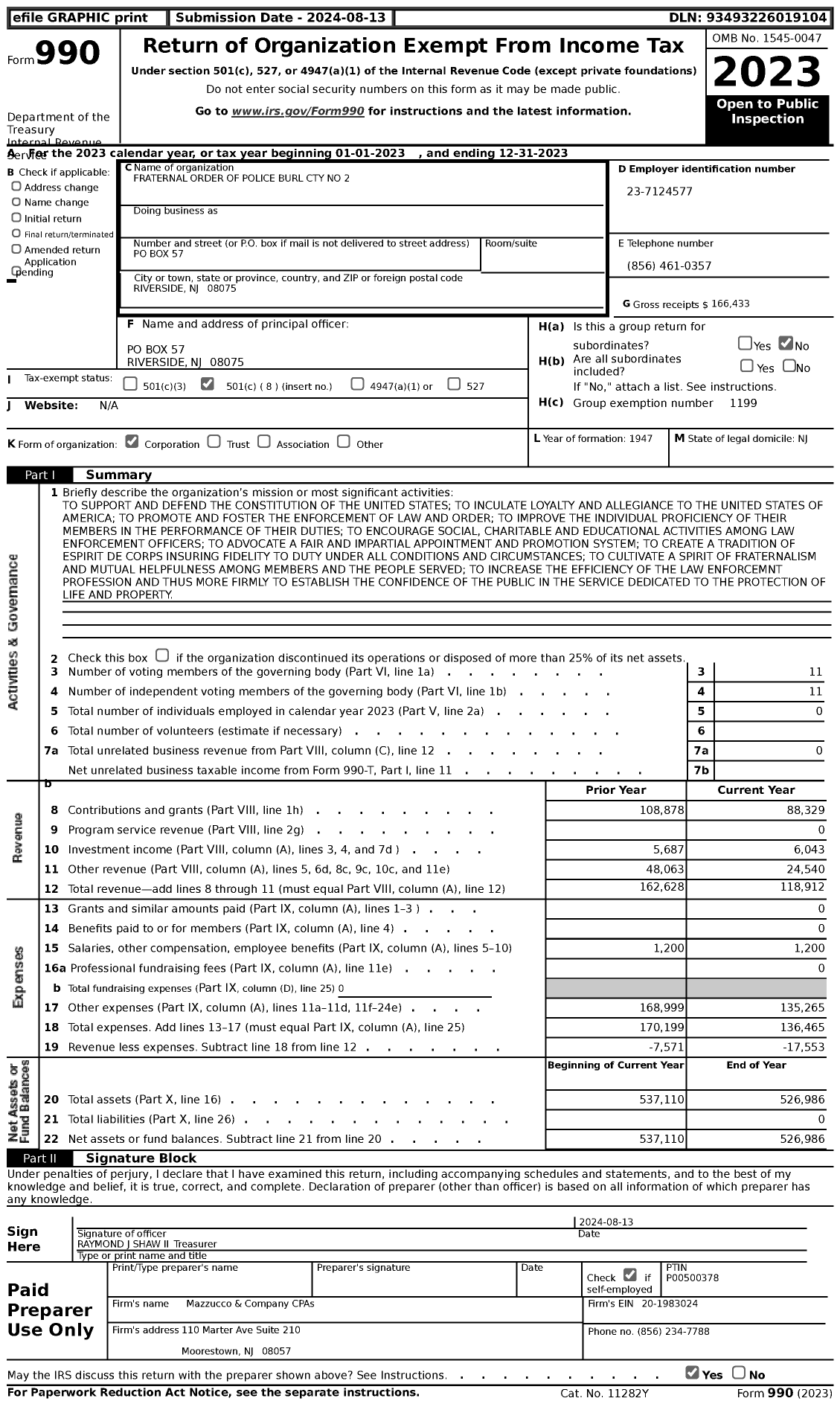 Image of first page of 2023 Form 990 for Fraternal Order of Police - 2 Burlington County Lodge