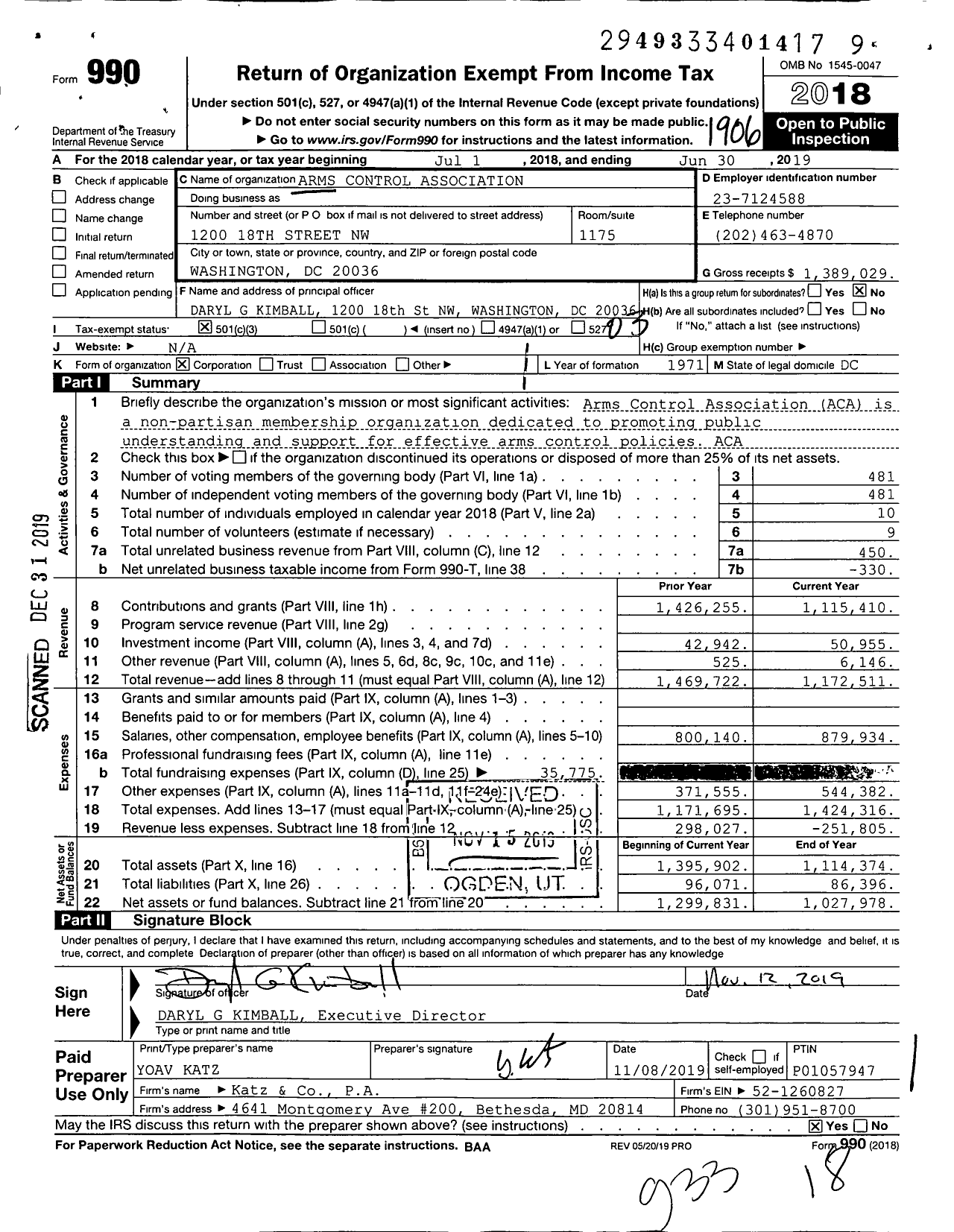 Image of first page of 2018 Form 990 for Arms Control Association (ACA)