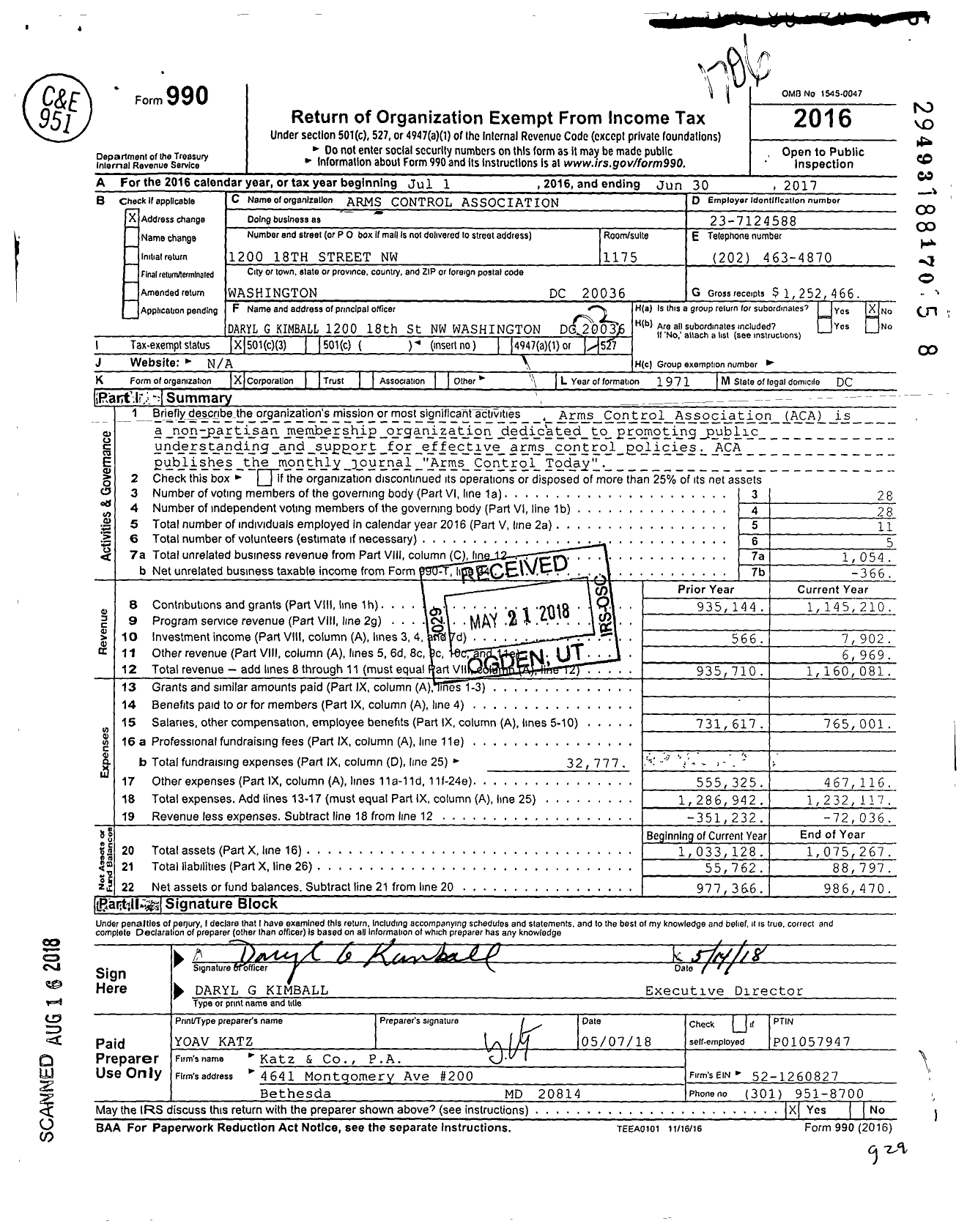 Image of first page of 2016 Form 990 for Arms Control Association (ACA)