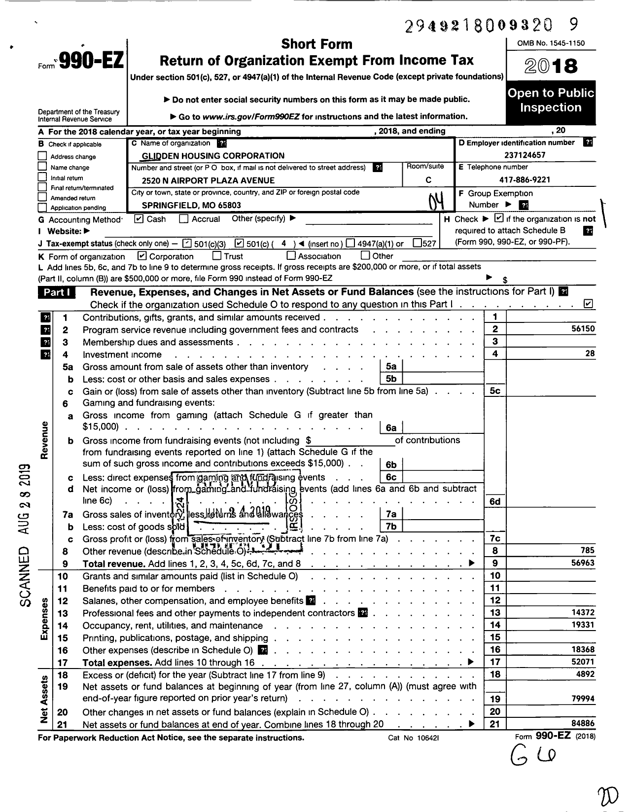 Image of first page of 2018 Form 990EO for Glidden Housing Corporation