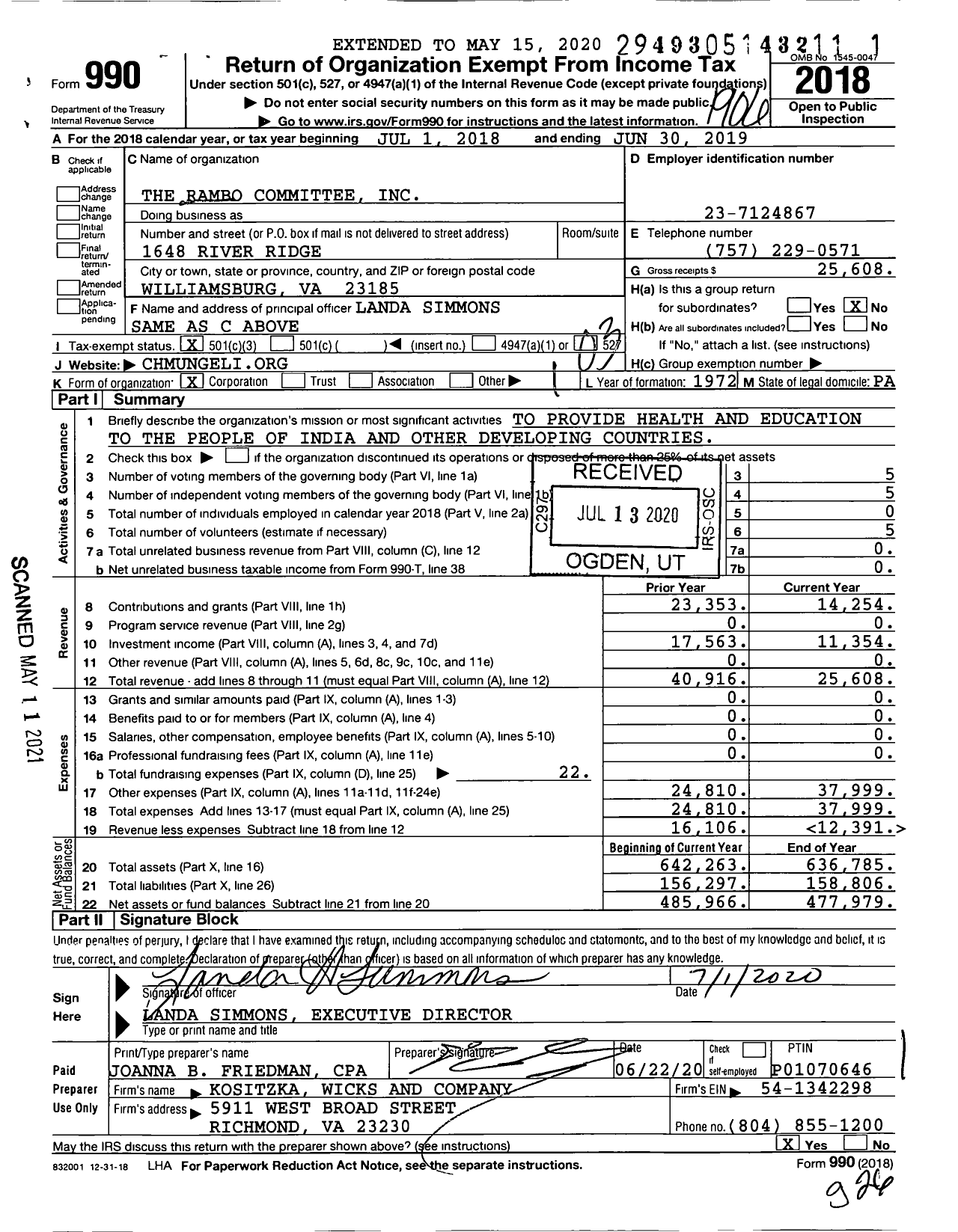 Image of first page of 2018 Form 990 for The Rambo Committee