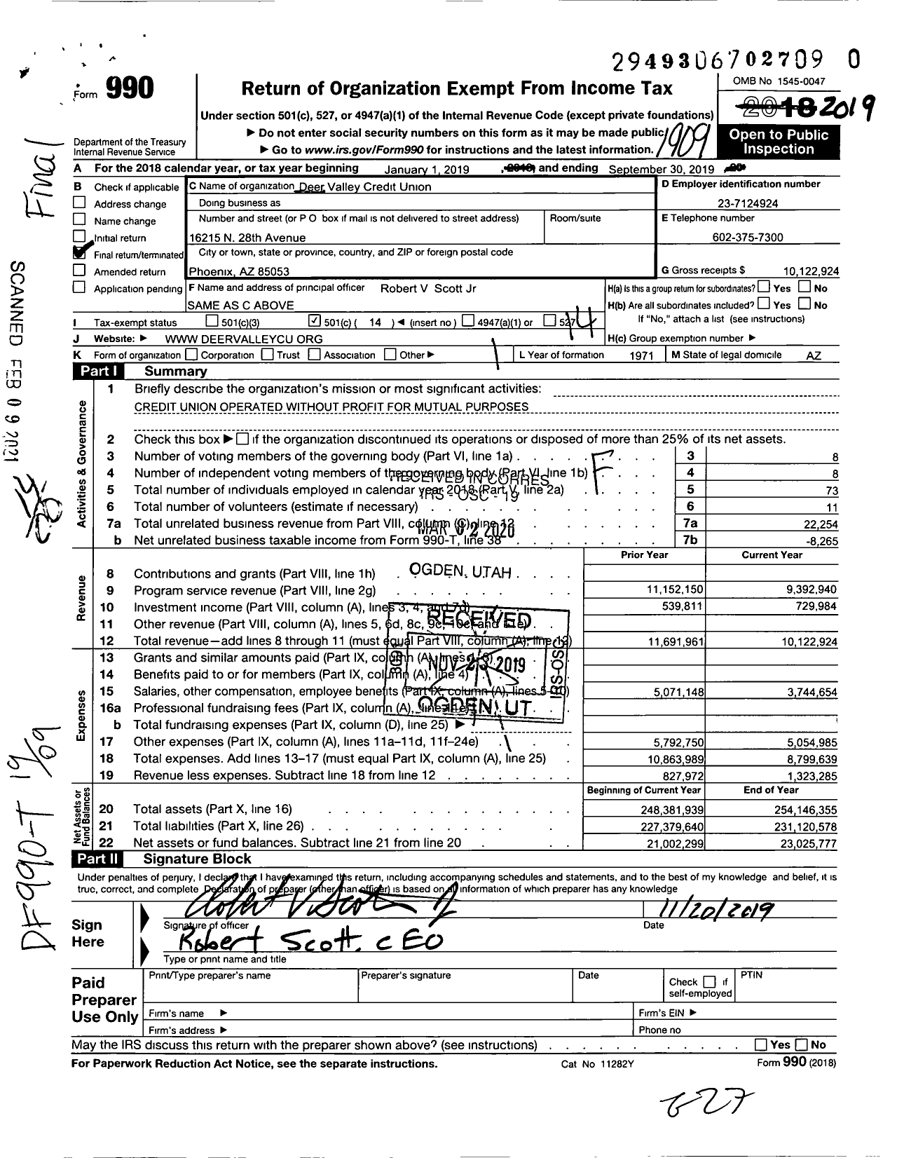Image of first page of 2018 Form 990O for Deer Valley Credit Union (DVCU)