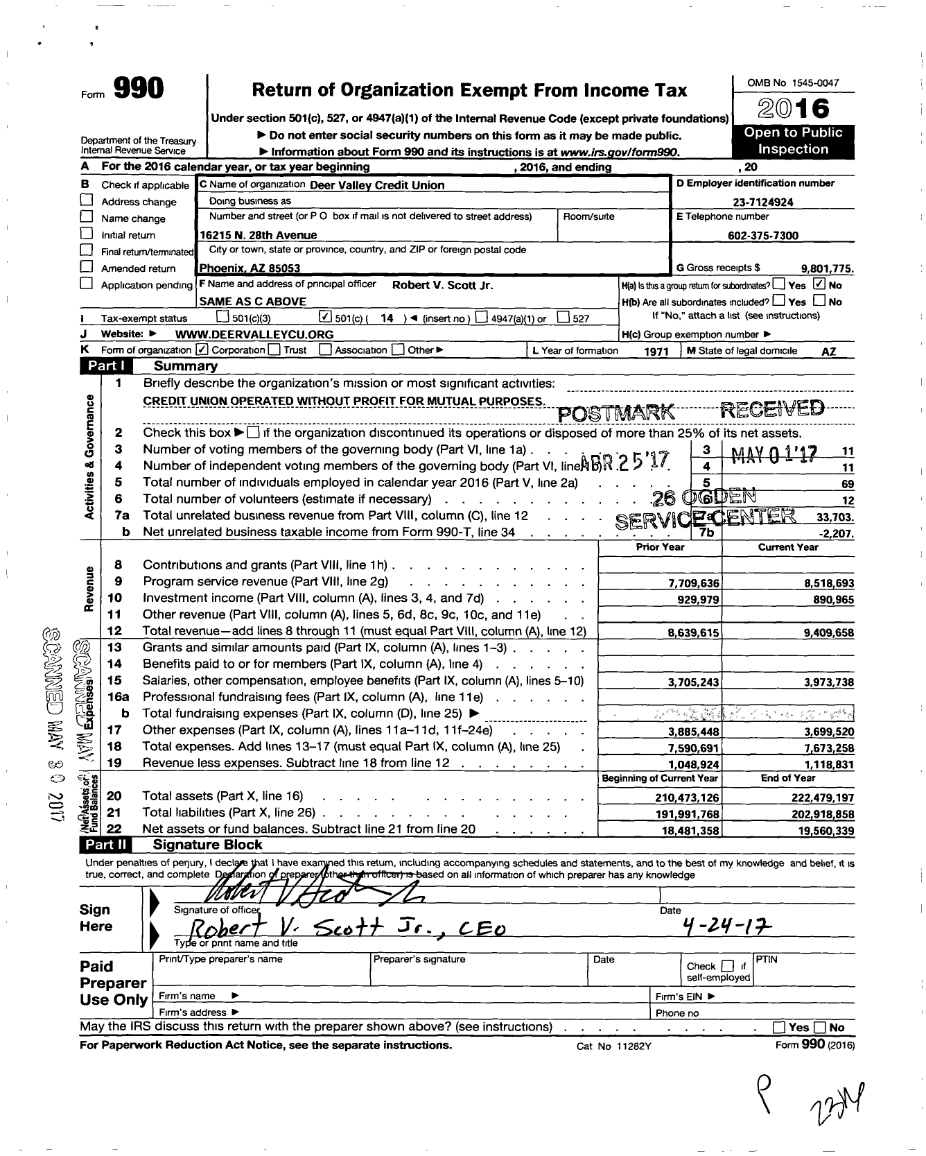 Image of first page of 2016 Form 990O for Deer Valley Credit Union (DVCU)