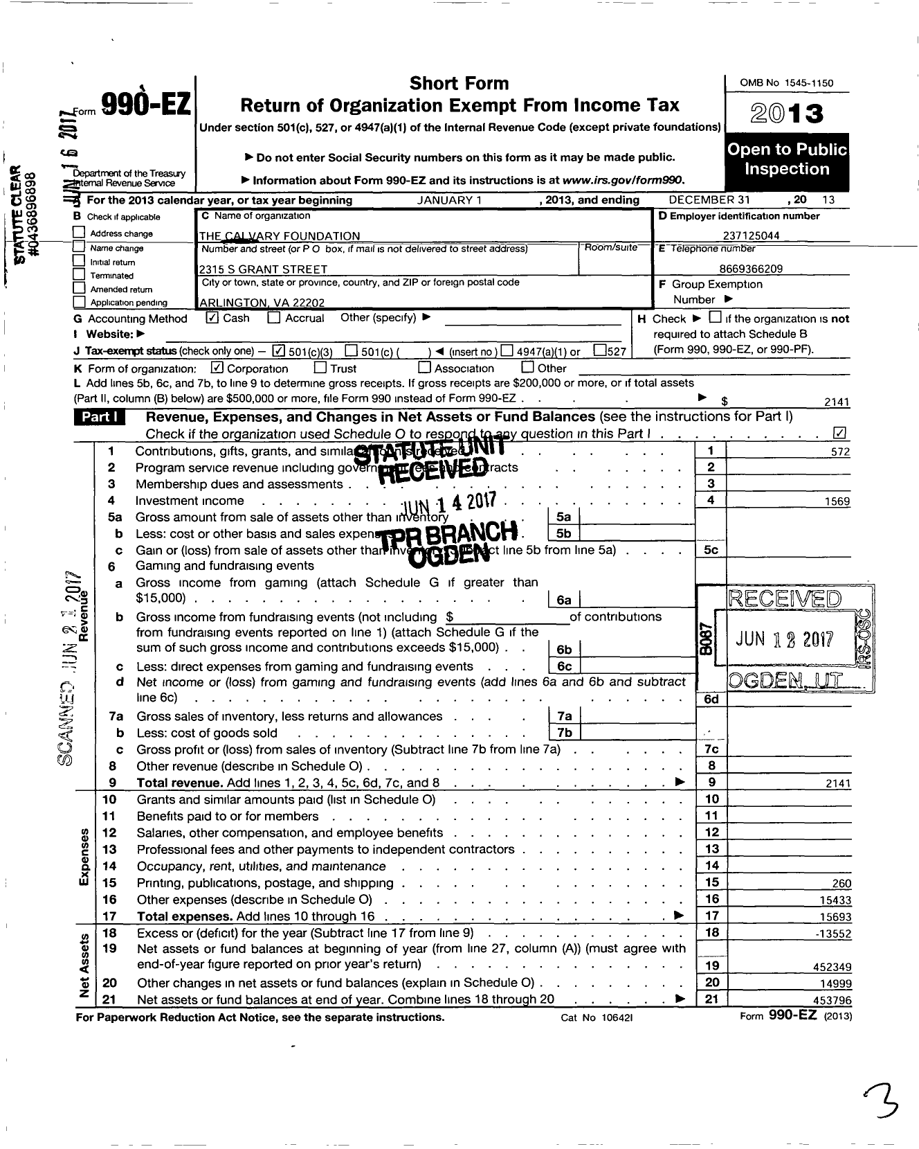 Image of first page of 2013 Form 990EZ for Calvary Foundation