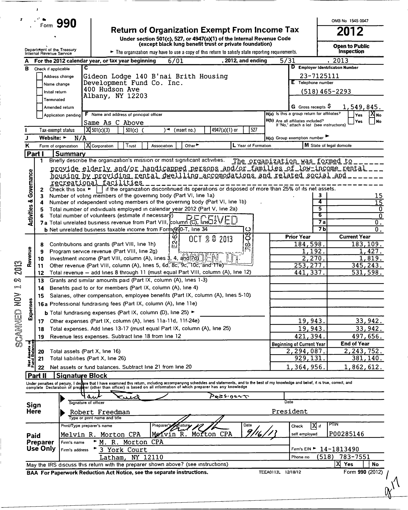 Image of first page of 2012 Form 990 for Bnai Brith International - 0140 Gideon Lodge