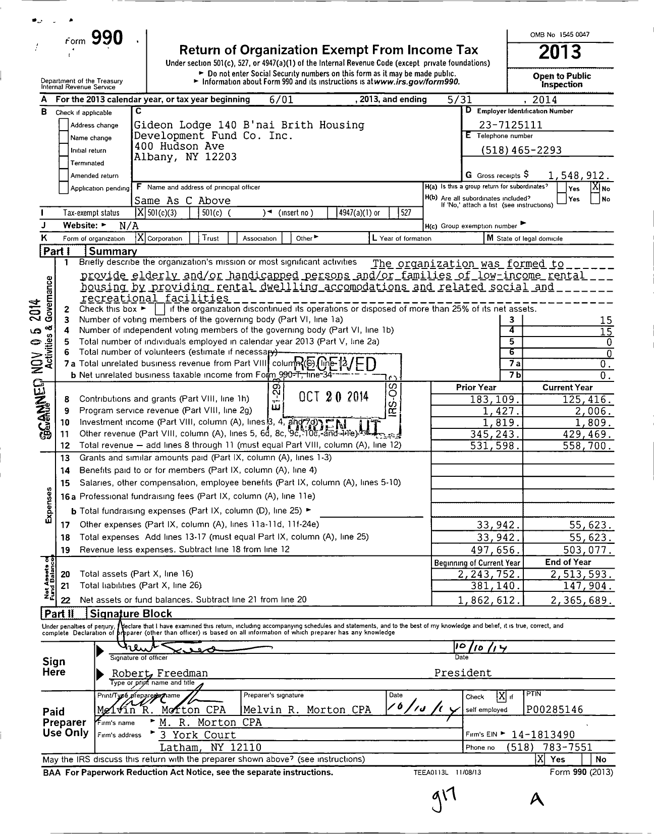 Image of first page of 2013 Form 990 for Bnai Brith International - 0140 Gideon Lodge