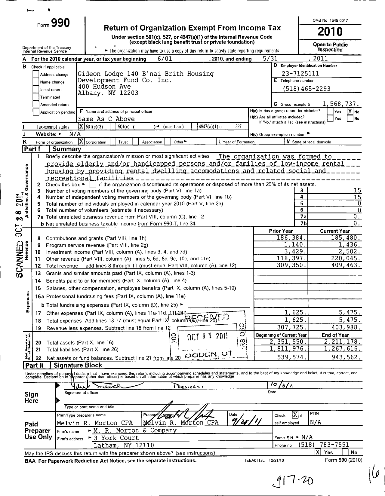 Image of first page of 2010 Form 990 for Bnai Brith International - 0140 Gideon Lodge
