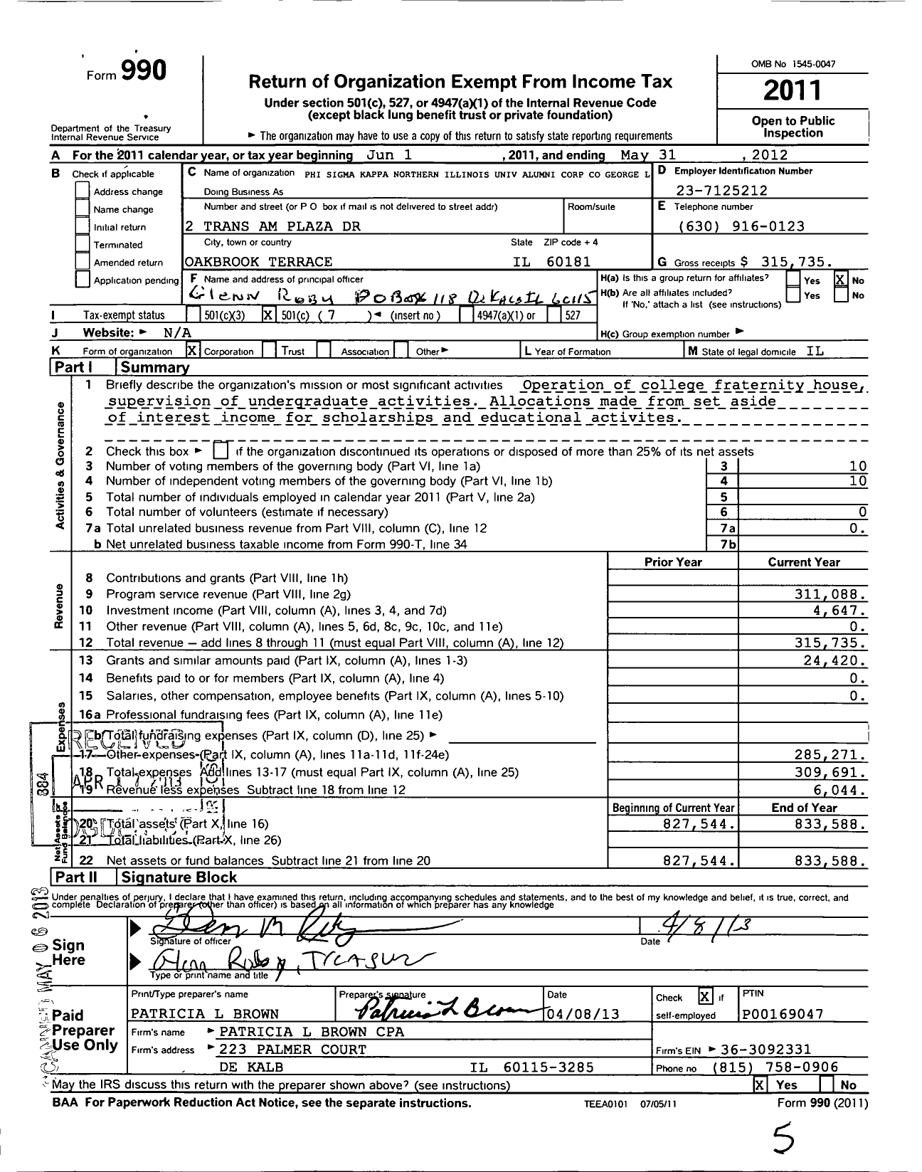 Image of first page of 2011 Form 990O for Phi Sigma Kappa Alumni Assoc of Northern Illinois University