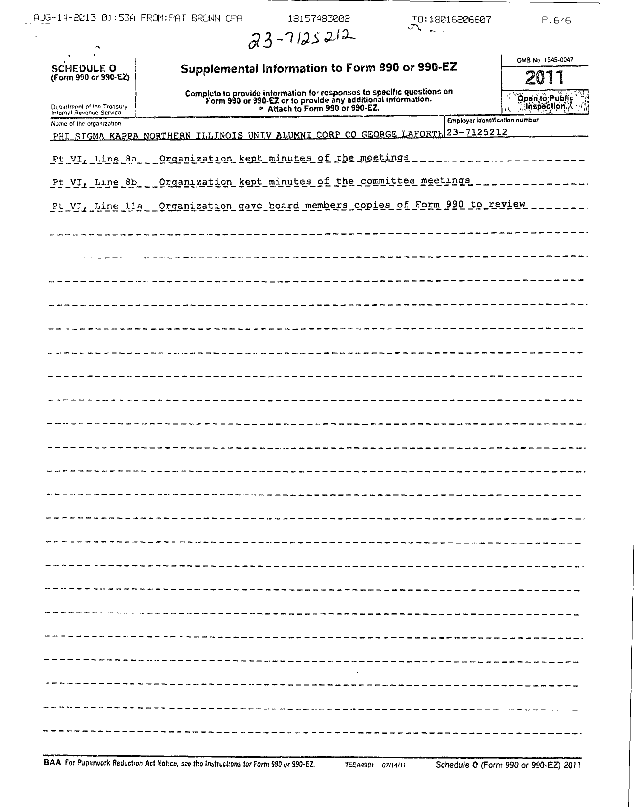 Image of first page of 2011 Form 990OR for Phi Sigma Kappa Alumni Assoc of Northern Illinois University