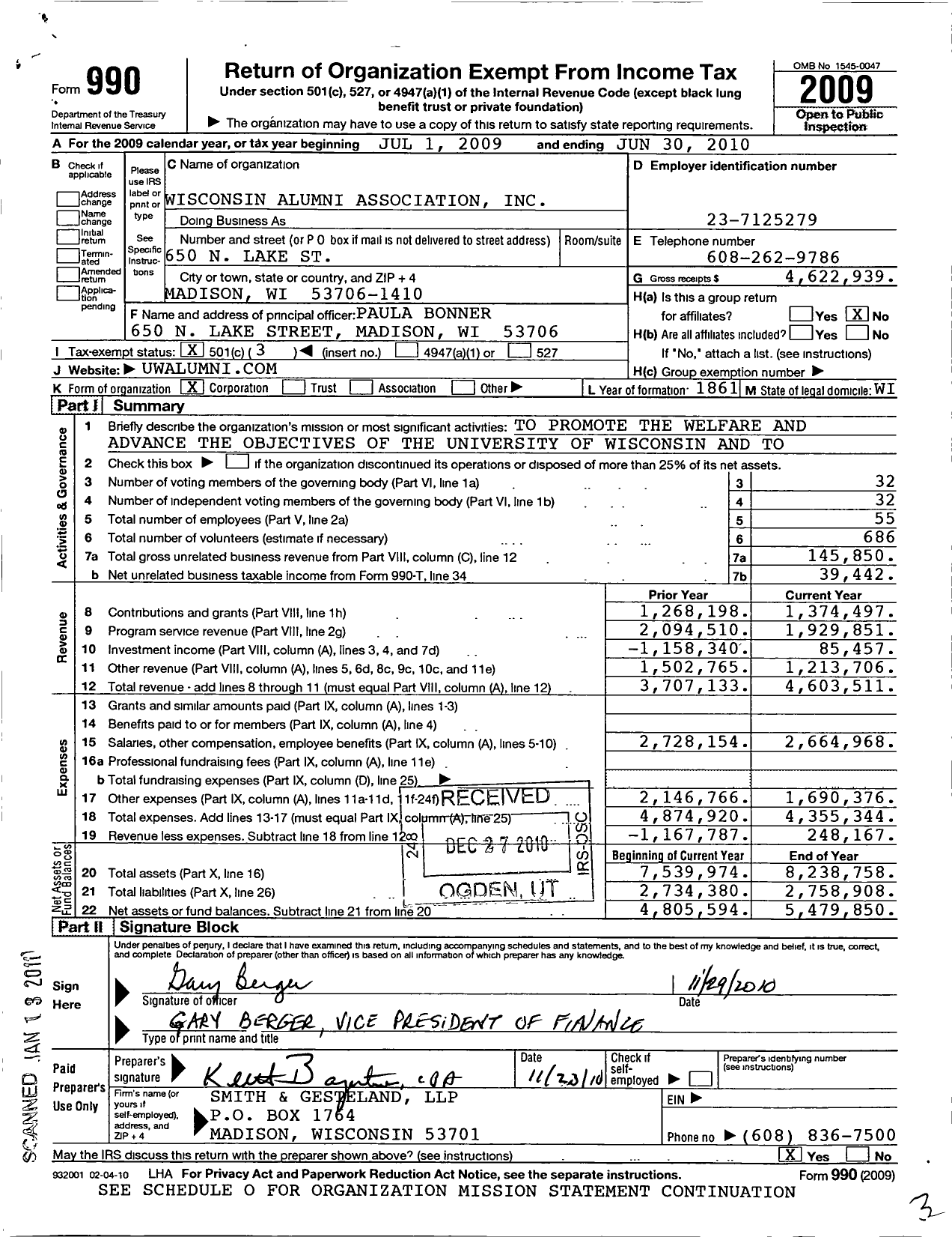 Image of first page of 2009 Form 990 for Wisconsin Alumni Association