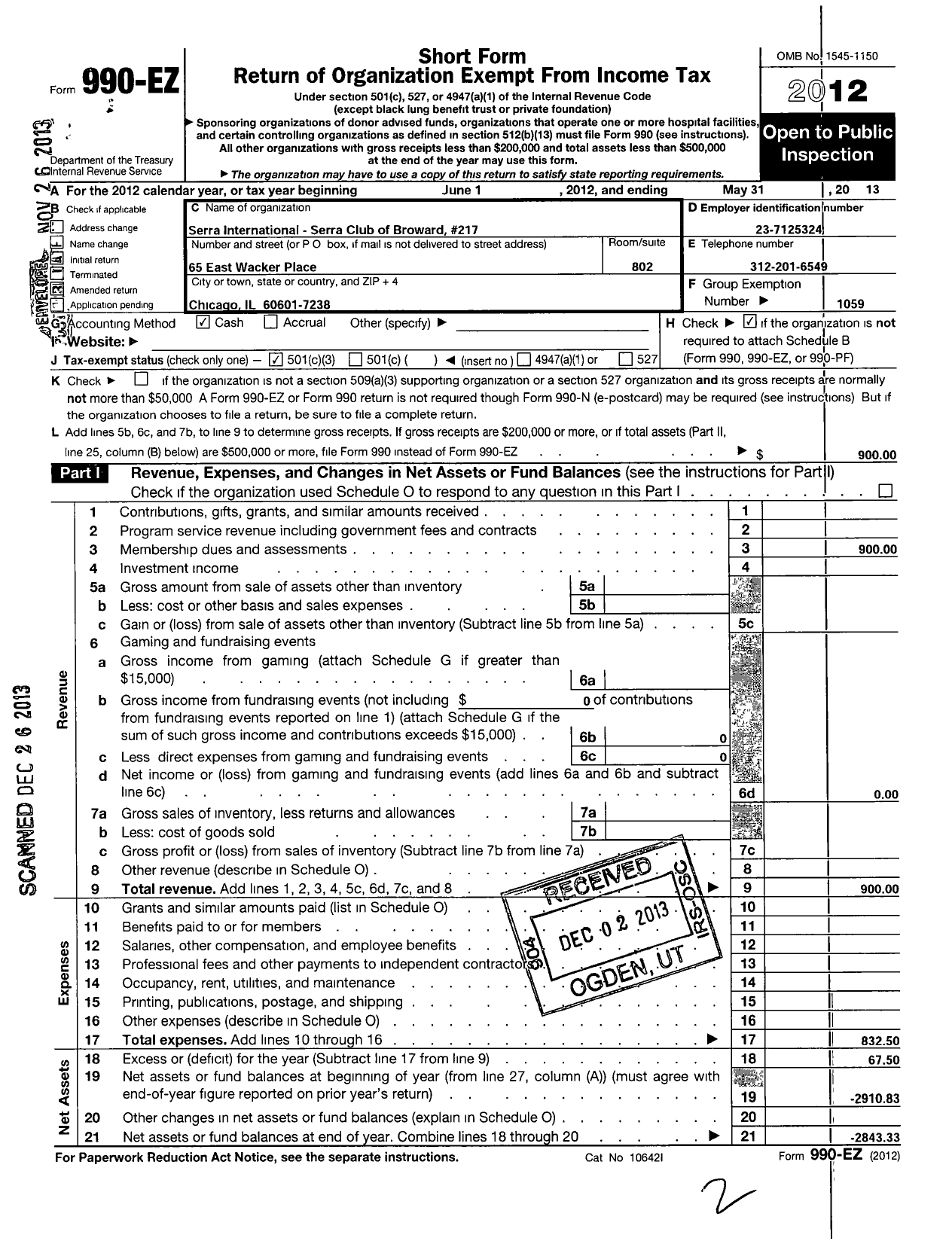 Image of first page of 2012 Form 990EZ for Serra International - 217 Broward County FL Serra Club