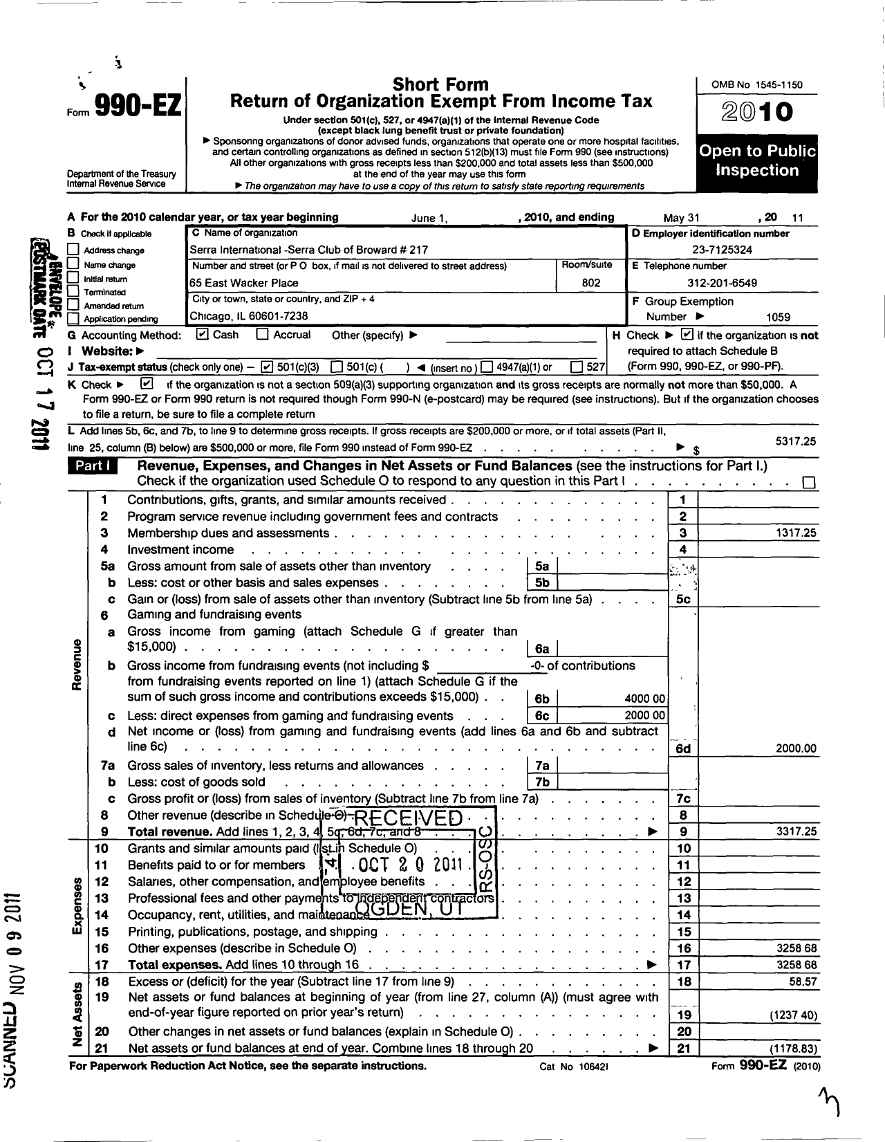 Image of first page of 2010 Form 990EZ for Serra International - 217 Broward County FL Serra Club