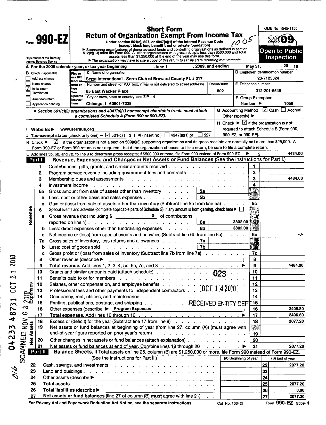 Image of first page of 2009 Form 990EZ for Serra International - 217 Broward County FL Serra Club