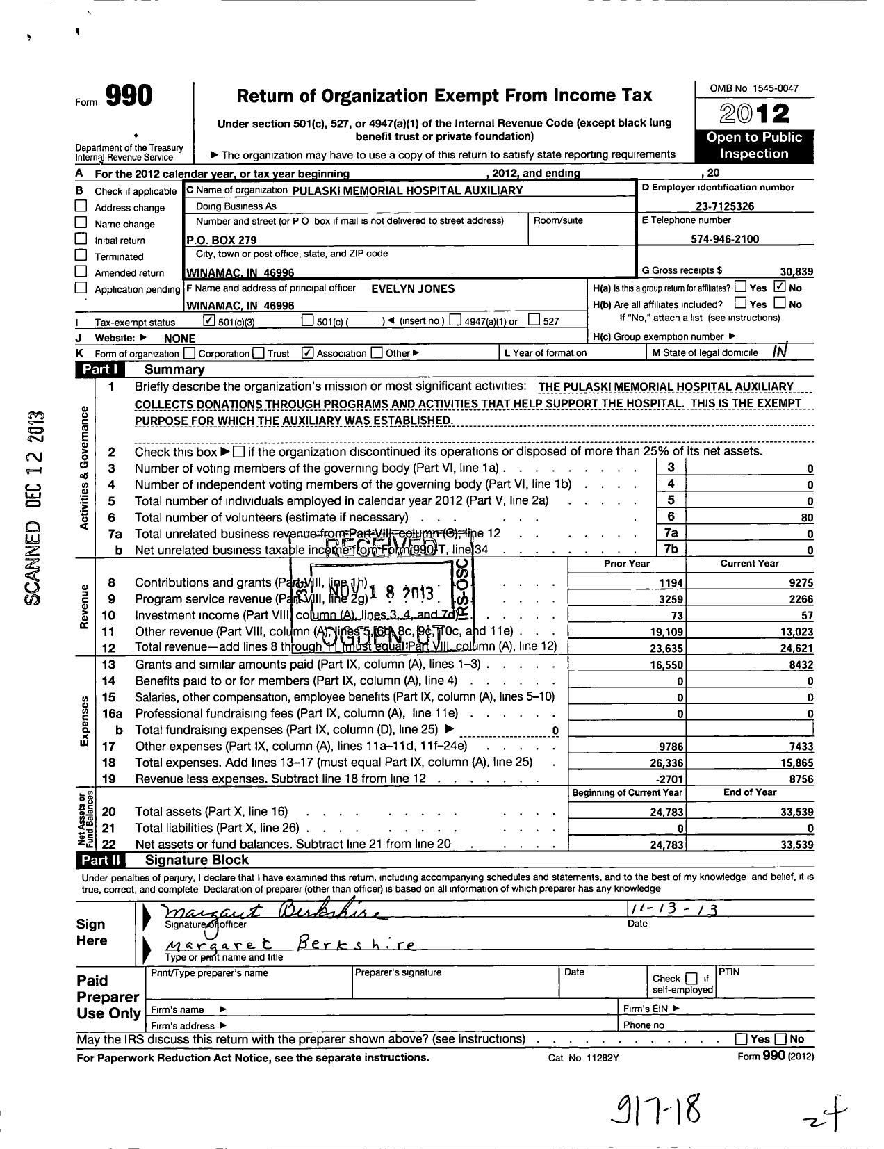 Image of first page of 2012 Form 990 for Pulaski Memorial Hospital Auxiliary
