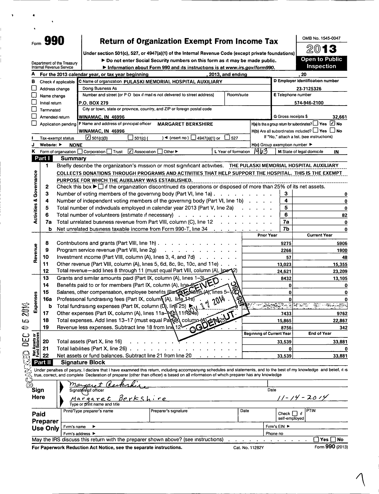 Image of first page of 2013 Form 990 for Pulaski Memorial Hospital Auxiliary