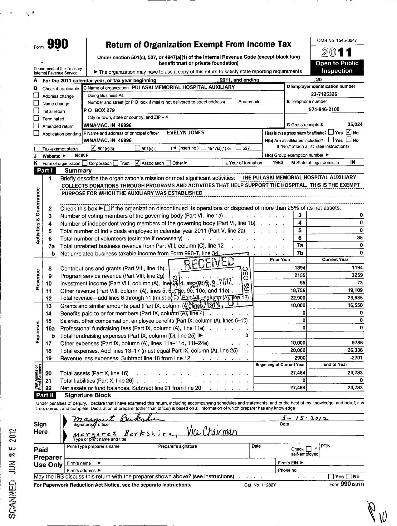 Image of first page of 2011 Form 990 for Pulaski Memorial Hospital Auxiliary