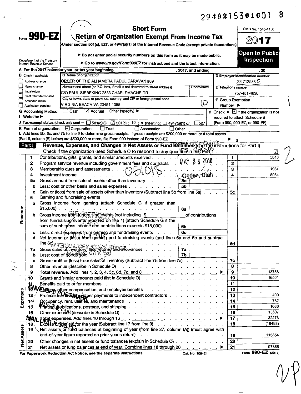 Image of first page of 2017 Form 990EO for Order of the Alhambra - 69 Padul Caravan