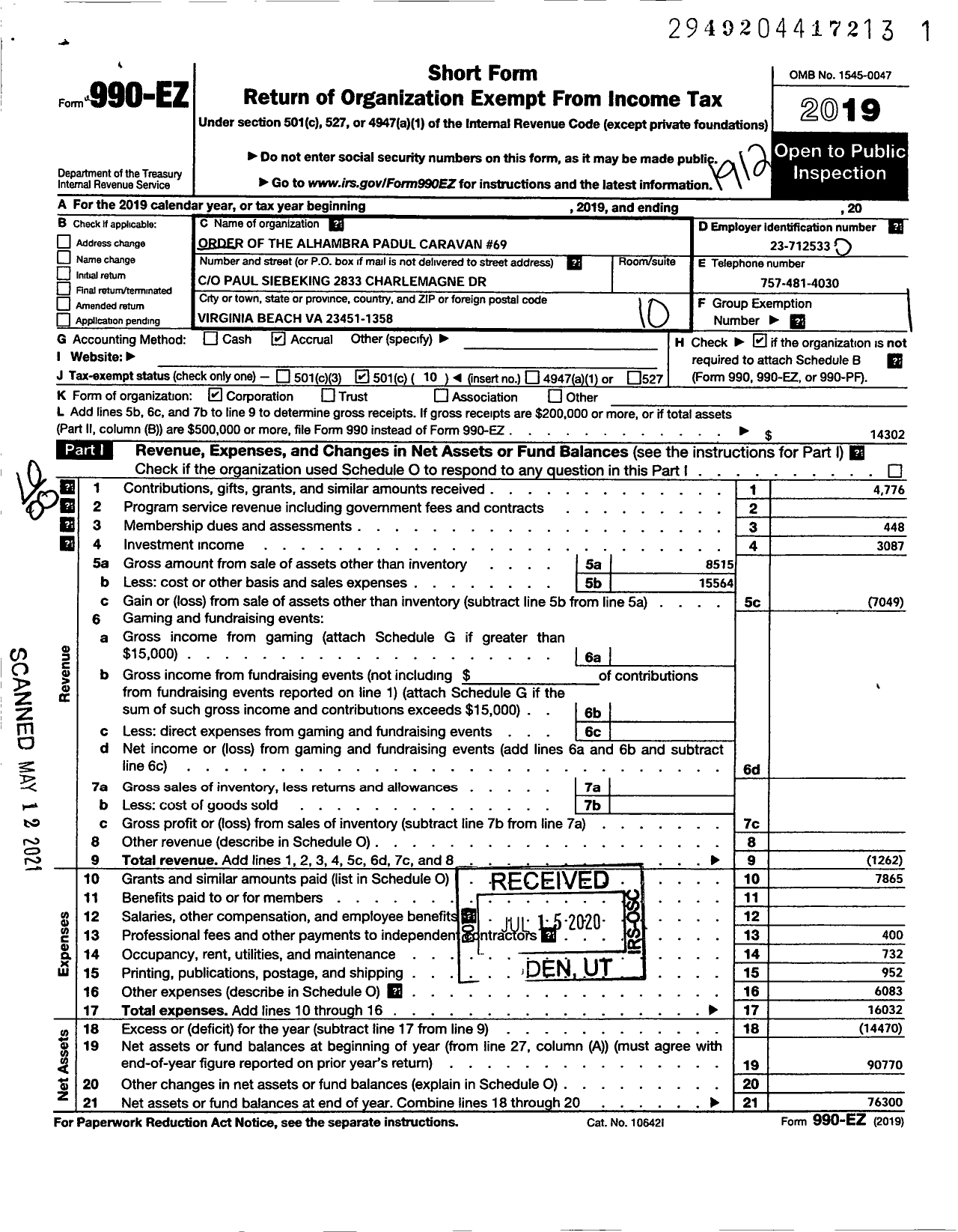 Image of first page of 2019 Form 990EO for Order of the Alhambra - 69 Padul Caravan