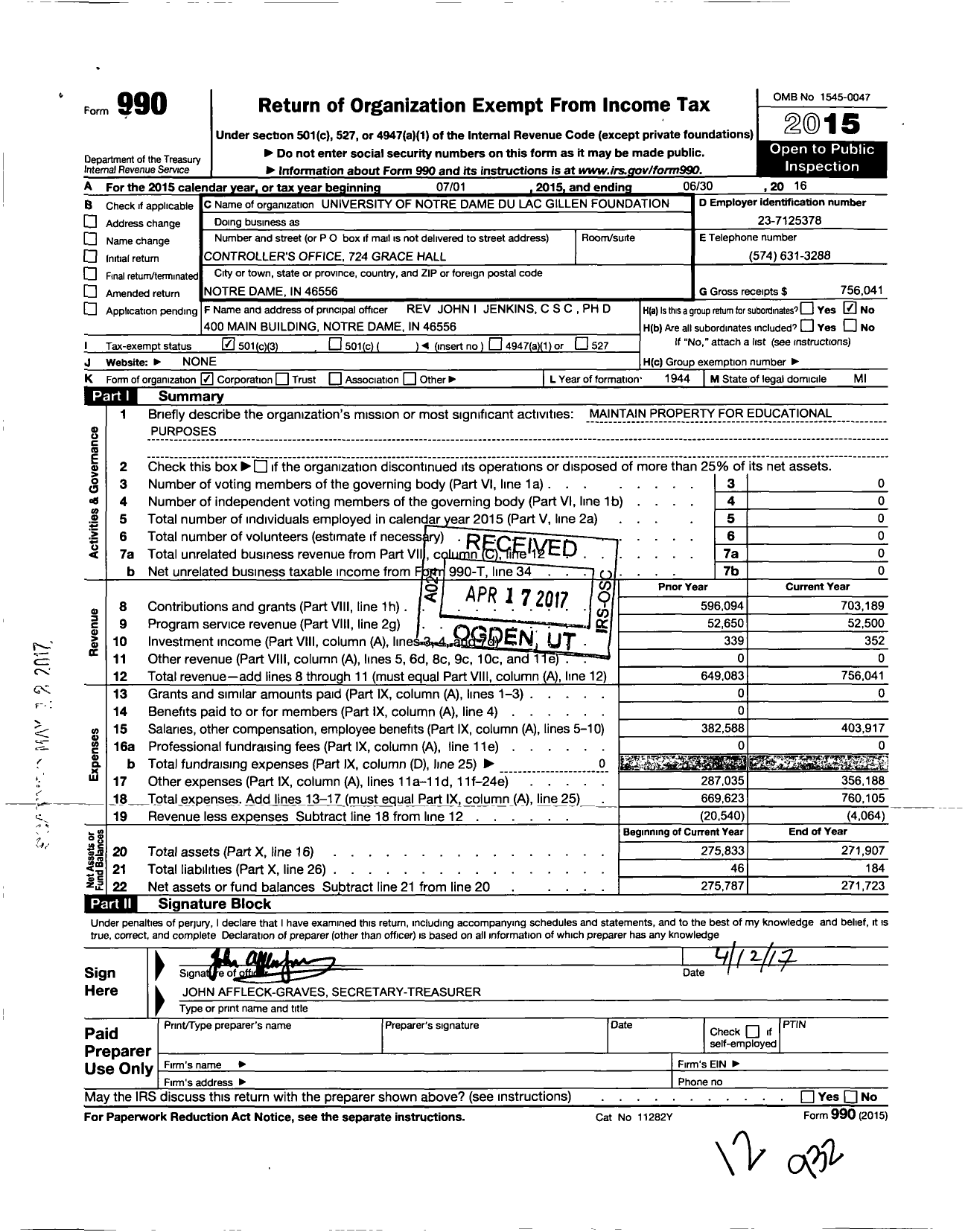 Image of first page of 2015 Form 990 for University of Notre Dame Du Lac Gillen Foundation