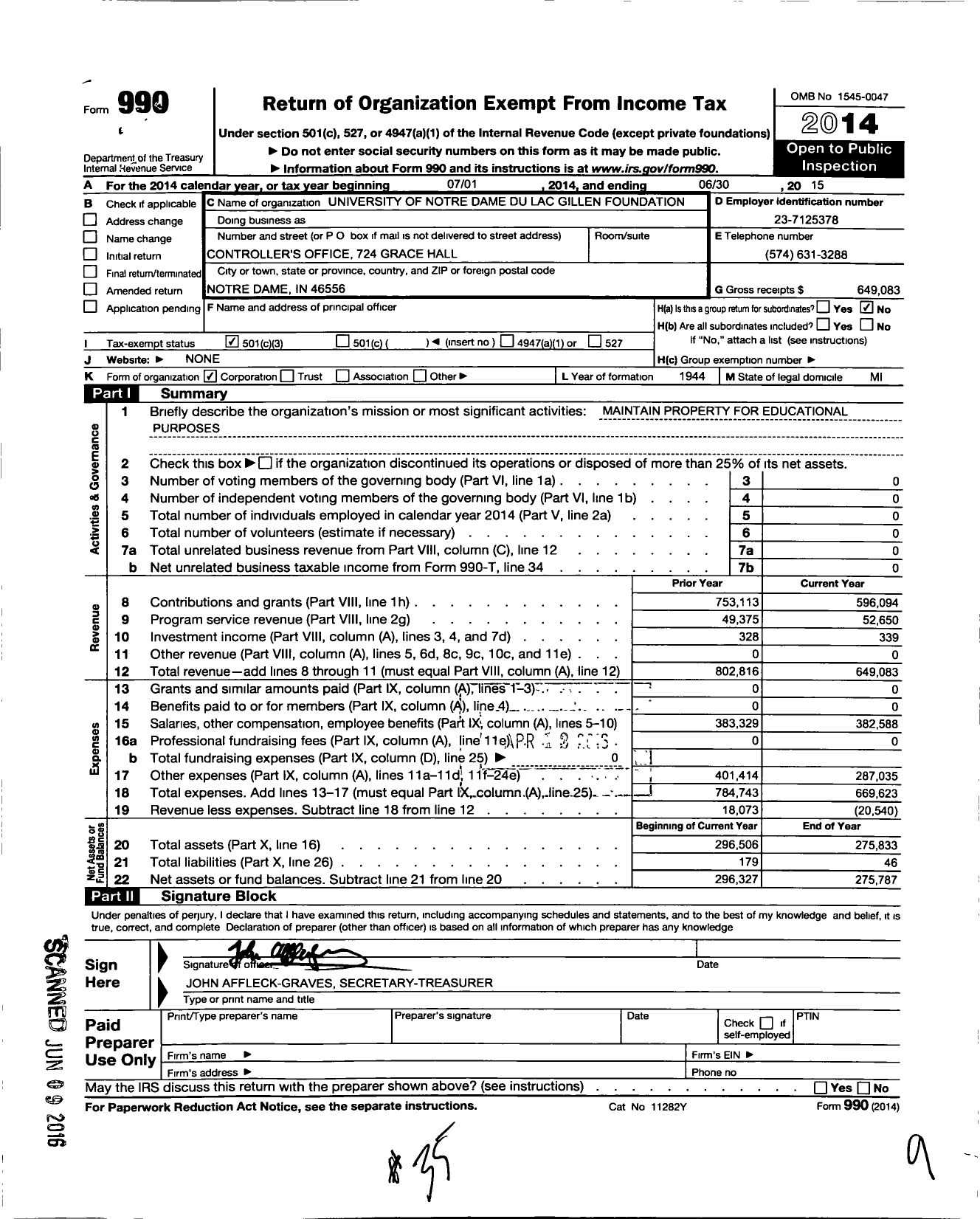 Image of first page of 2014 Form 990 for University of Notre Dame Du Lac Gillen Foundation