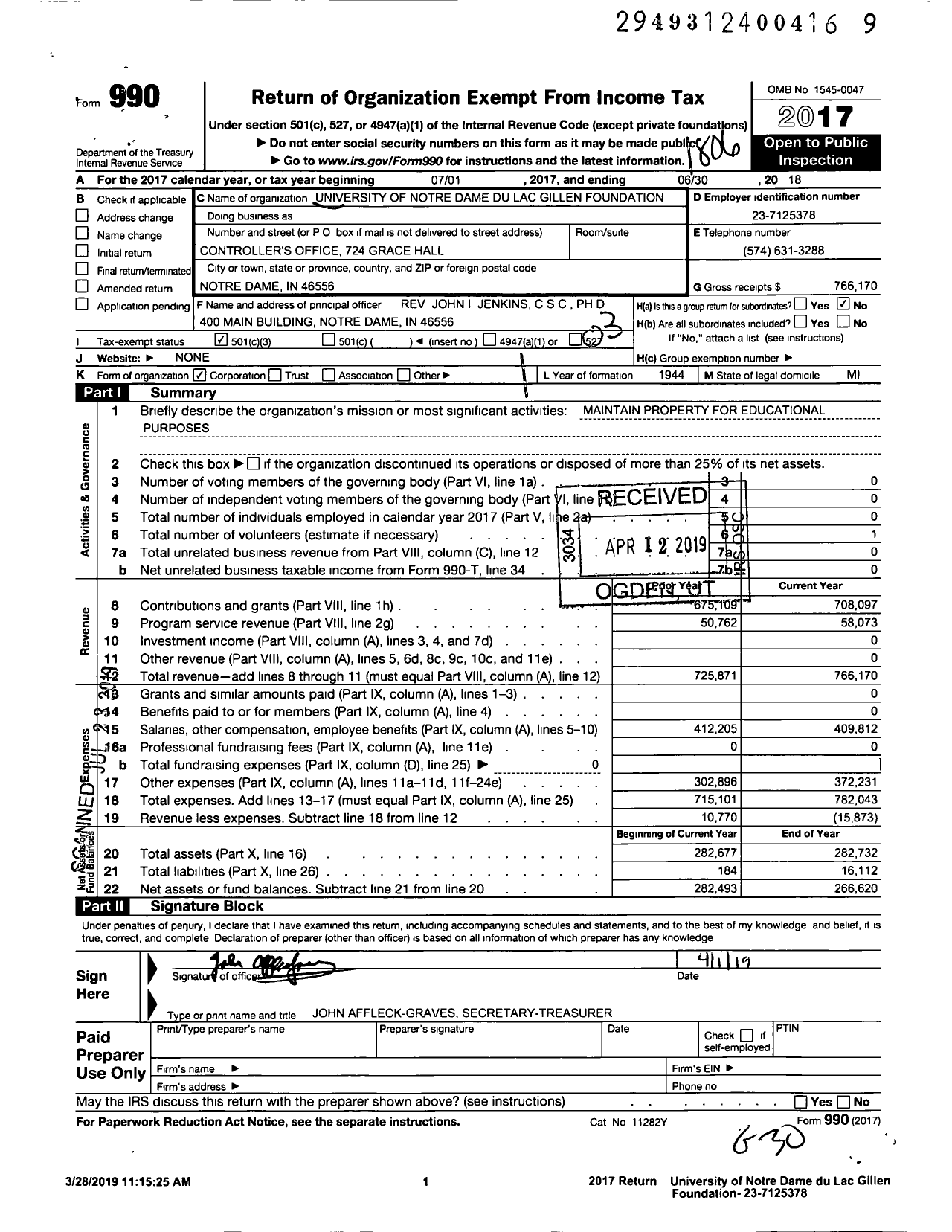 Image of first page of 2017 Form 990 for University of Notre Dame Du Lac Gillen Foundation