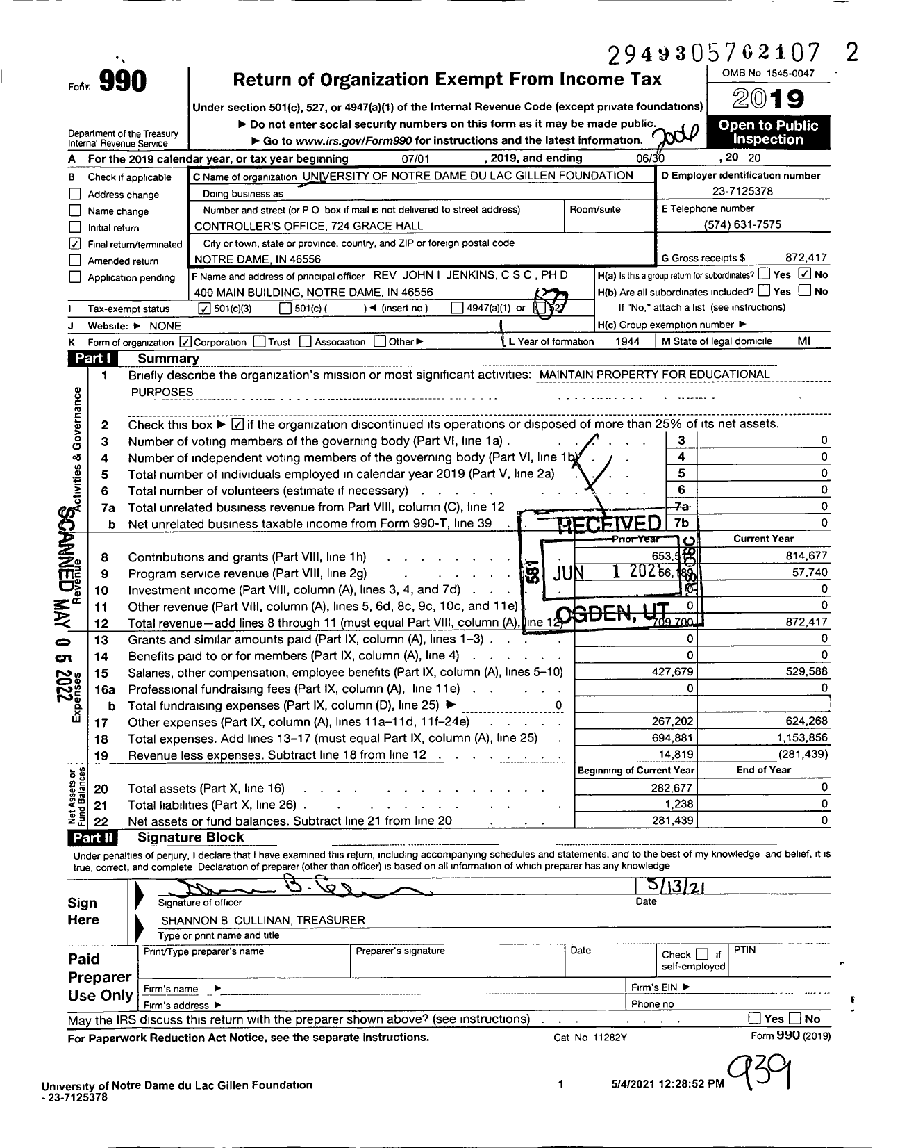 Image of first page of 2019 Form 990 for University of Notre Dame Du Lac Gillen Foundation