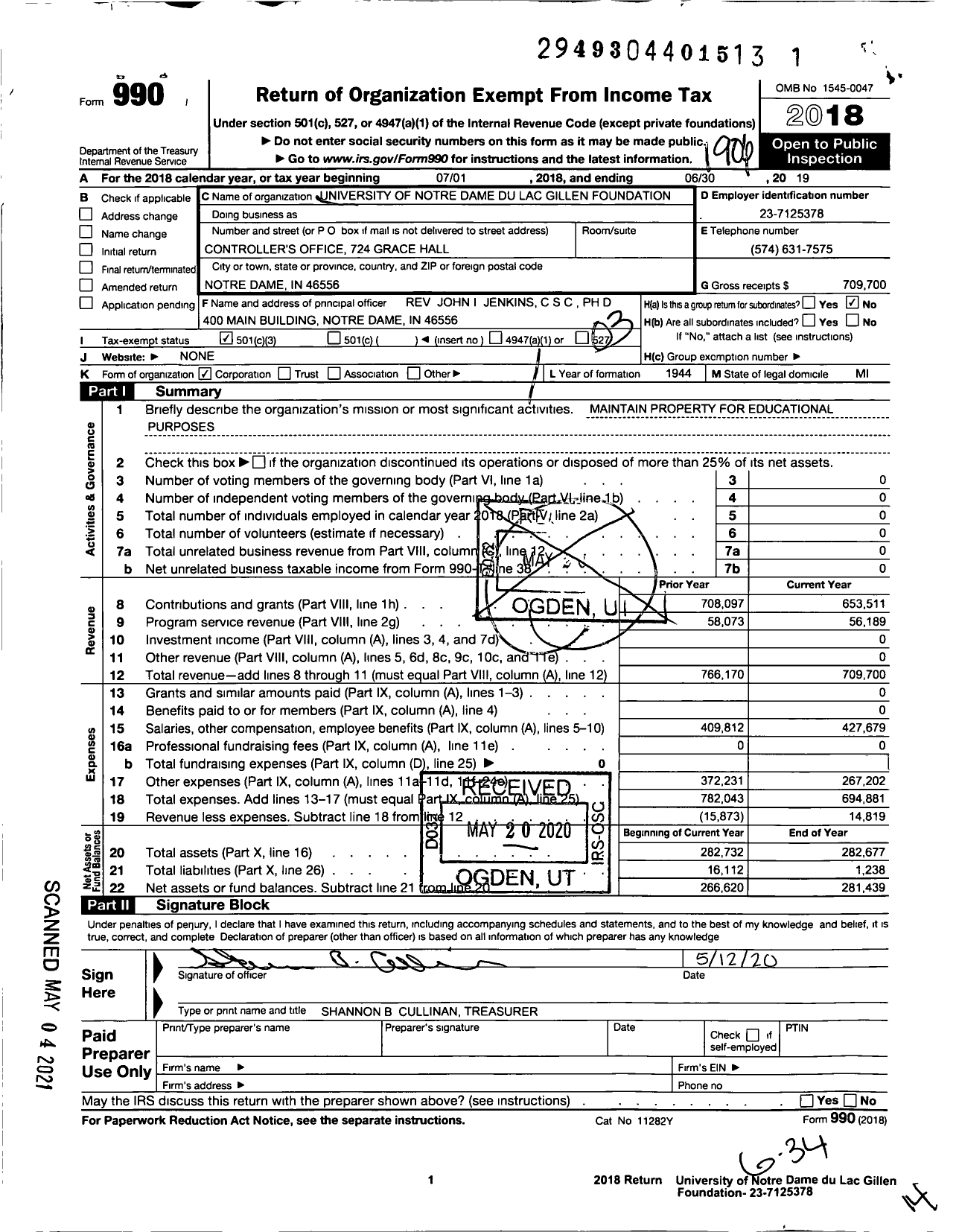 Image of first page of 2018 Form 990 for University of Notre Dame Du Lac Gillen Foundation