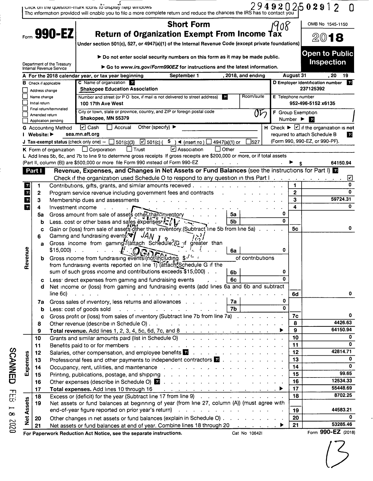 Image of first page of 2018 Form 990EO for Shakopee Education Association