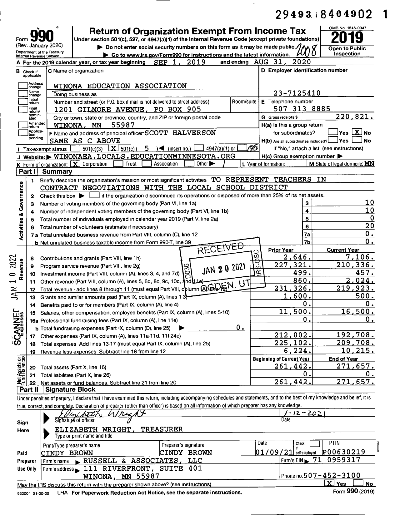 Image of first page of 2019 Form 990O for American Federation of Teachers - 7290 Winona Education Association