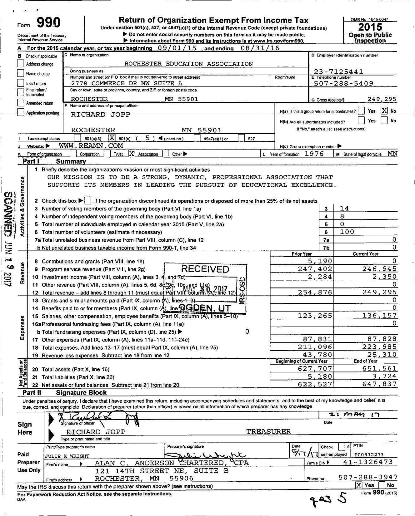 Image of first page of 2015 Form 990O for Rochester Education Association